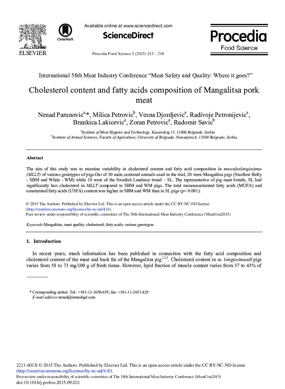 Cholesterol Content and Fatty Acids Composition of Mangalitsa Pork Meat 