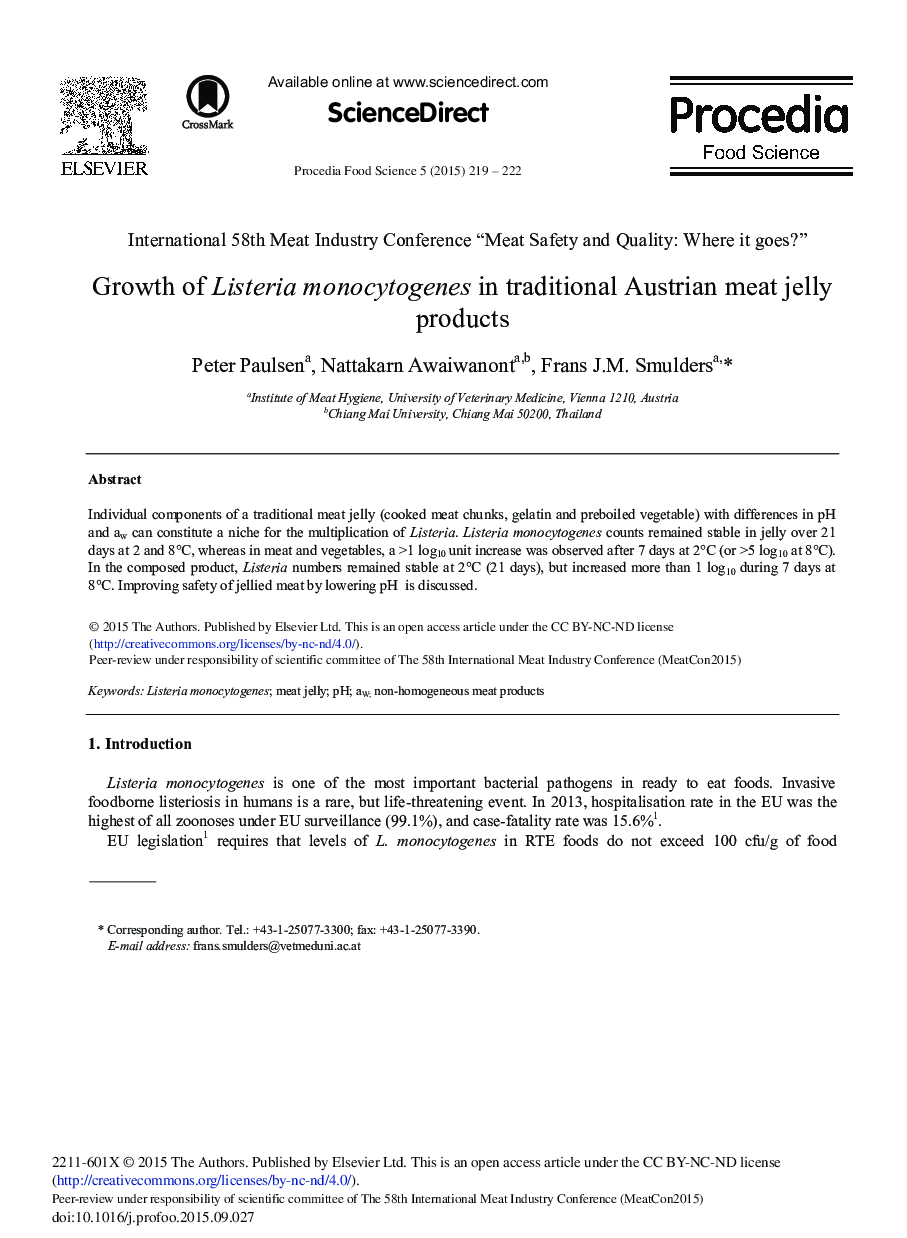 Growth of Listeria Monocytogenes in Traditional Austrian Meat Jelly Products 