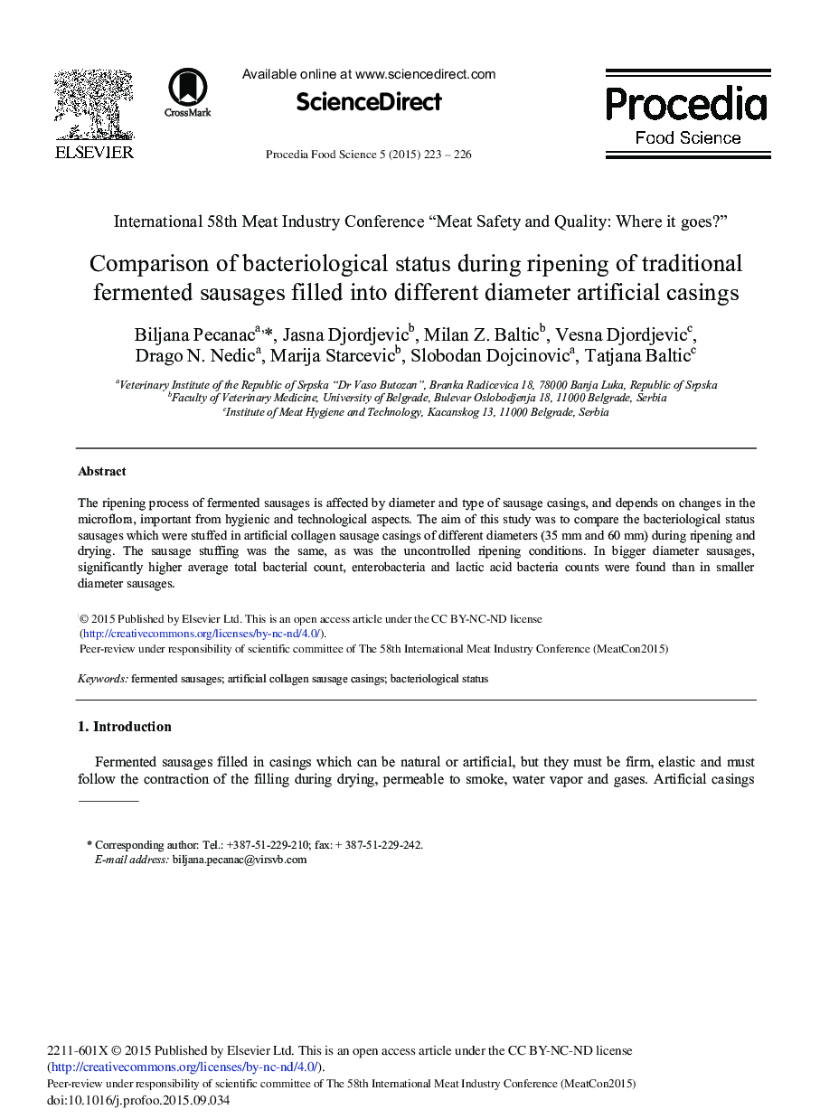 Comparison of Bacteriological Status During Ripening of Traditional Fermented Sausages Filled into Different Diameter Artificial Casings 