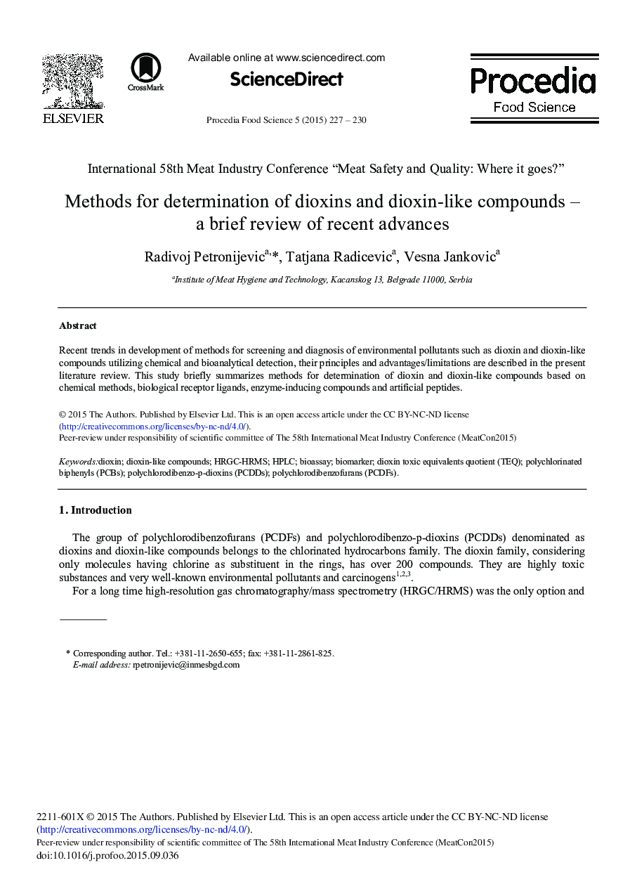 Methods for Determination of Dioxins and Dioxin-like Compounds – A Brief Review of Recent Advances 