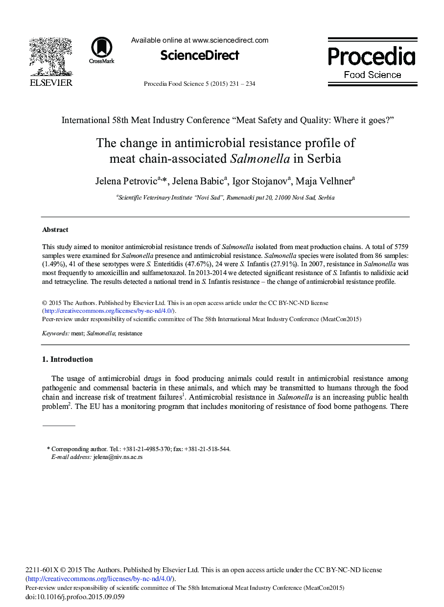 The Change in Antimicrobial Resistance Profile of Meat Chain-associated Salmonella in Serbia 