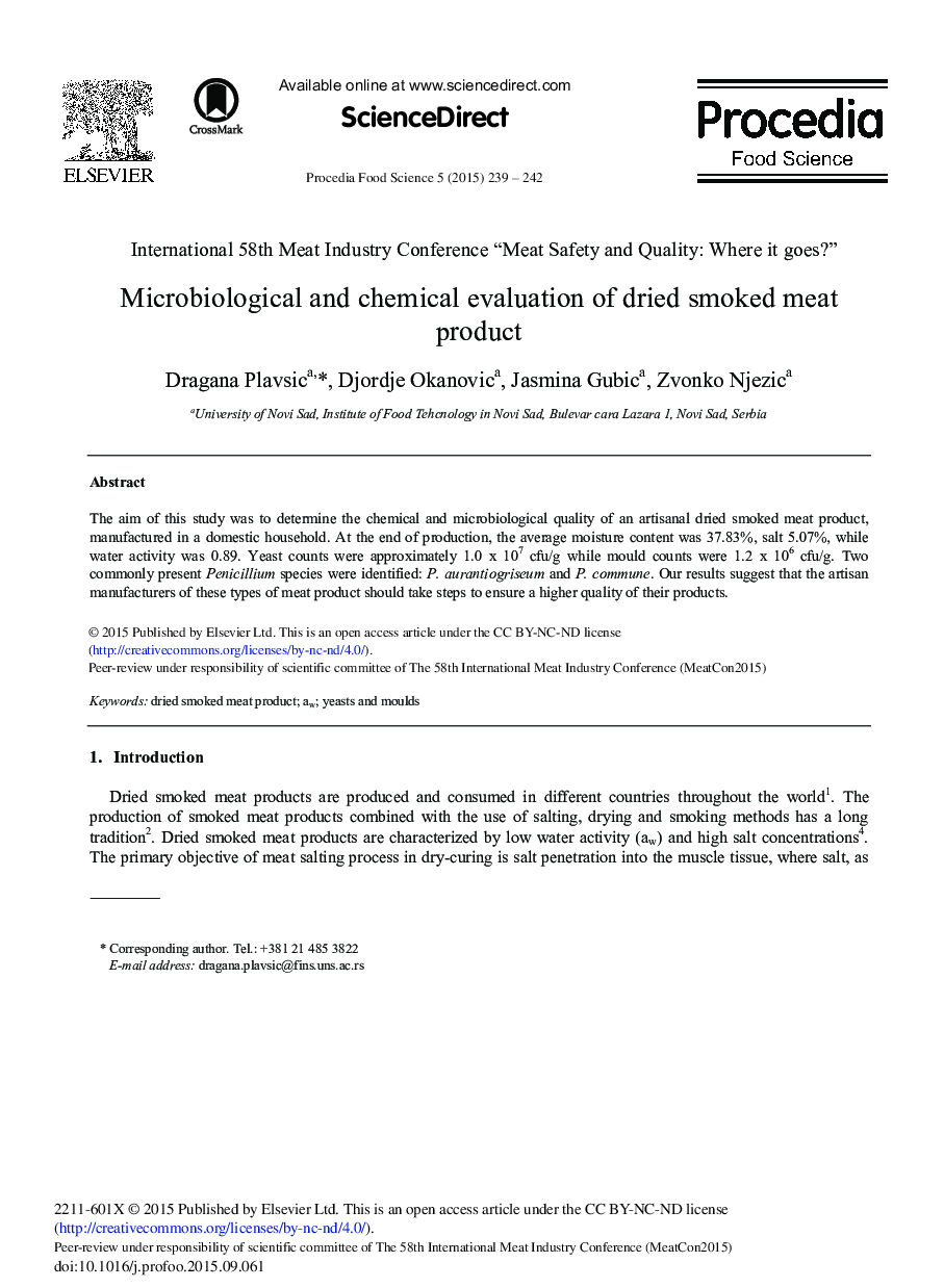 Microbiological and Chemical Evaluation of Dried Smoked Meat Product 