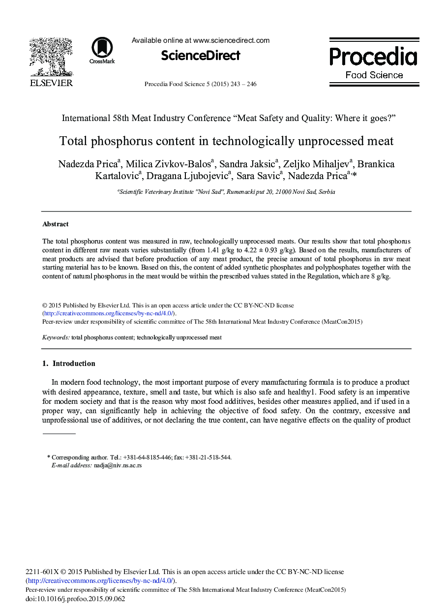 Total Phosphorus Content in Technologically Unprocessed Meat 