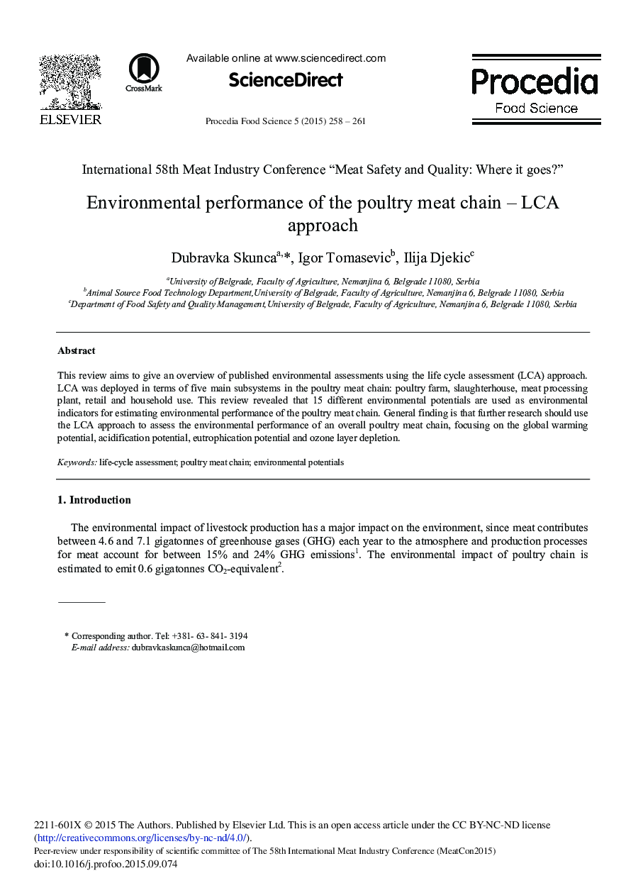 Environmental Performance of the Poultry Meat Chain – LCA Approach 