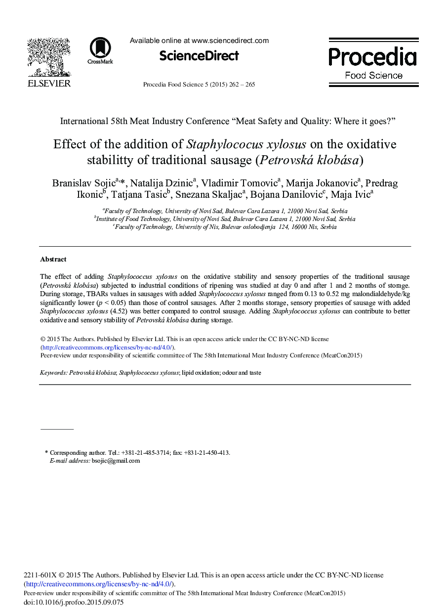 Effect of the Addition of Staphylococus Xylosus on the Oxidative Stabilitty of Traditional Sausage (Petrovská Klobása) 