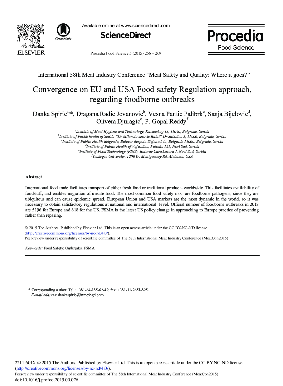 Convergence on EU and USA Food Safety Regulation Approach, Regarding Foodborne Outbreaks 