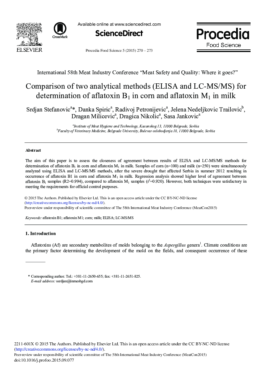 Comparison of two Analytical Methods (ELISA and LC-MS/MS) for Determination of Aflatoxin B1 in Corn and Aflatoxin M1 in Milk 