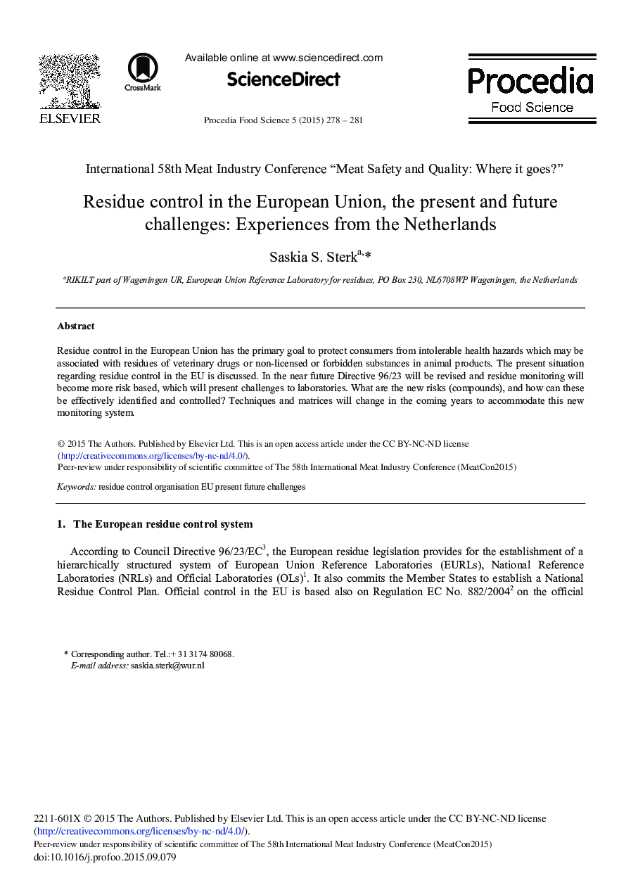 Residue Control in the European Union, the Present and Future Challenges: Experiences From the Netherlands 