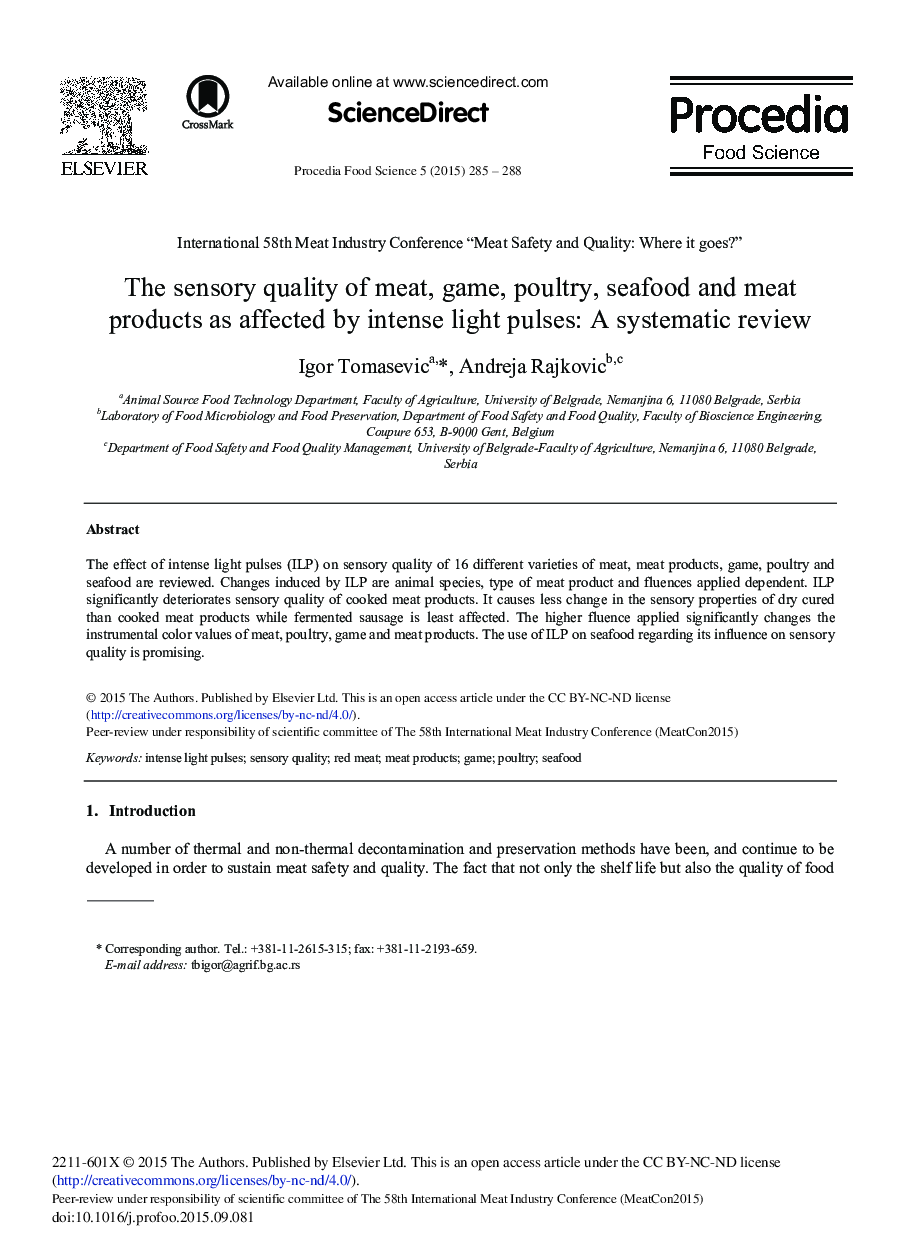 The Sensory Quality of Meat, Game, Poultry, Seafood and Meat Products as Affected by Intense Light Pulses: A Systematic Review 