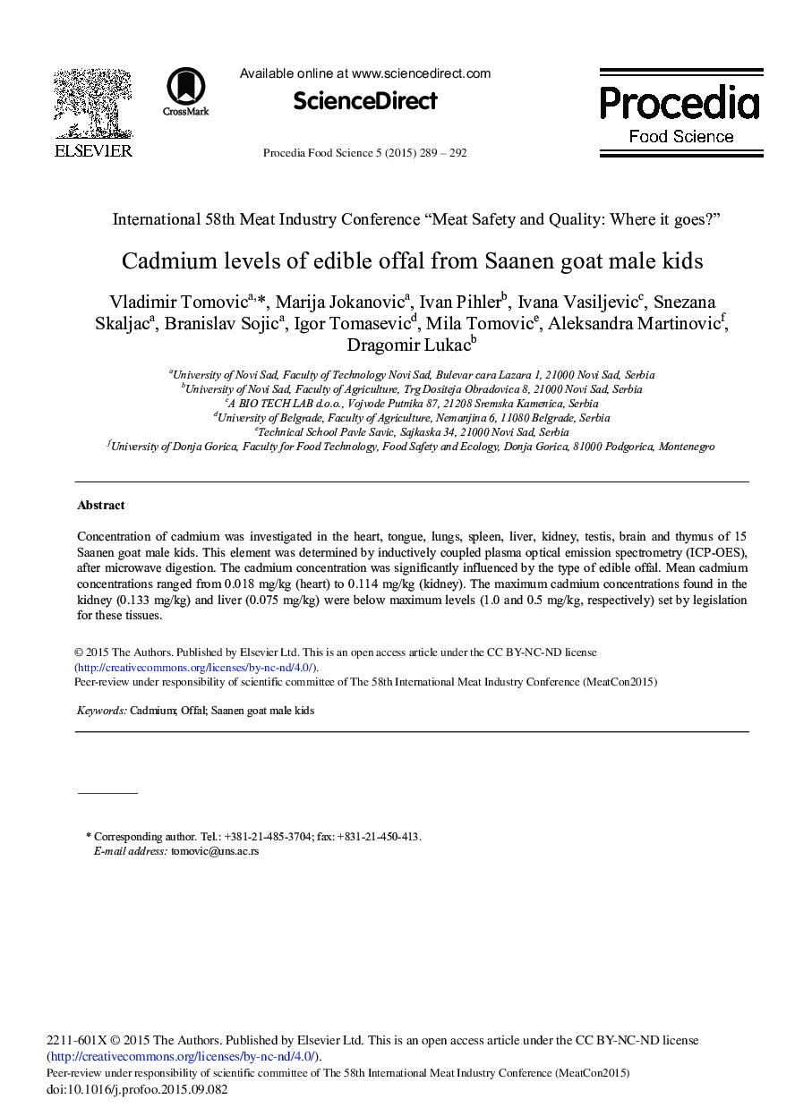 Cadmium Levels of Edible Offal from Saanen Goat Male Kids 