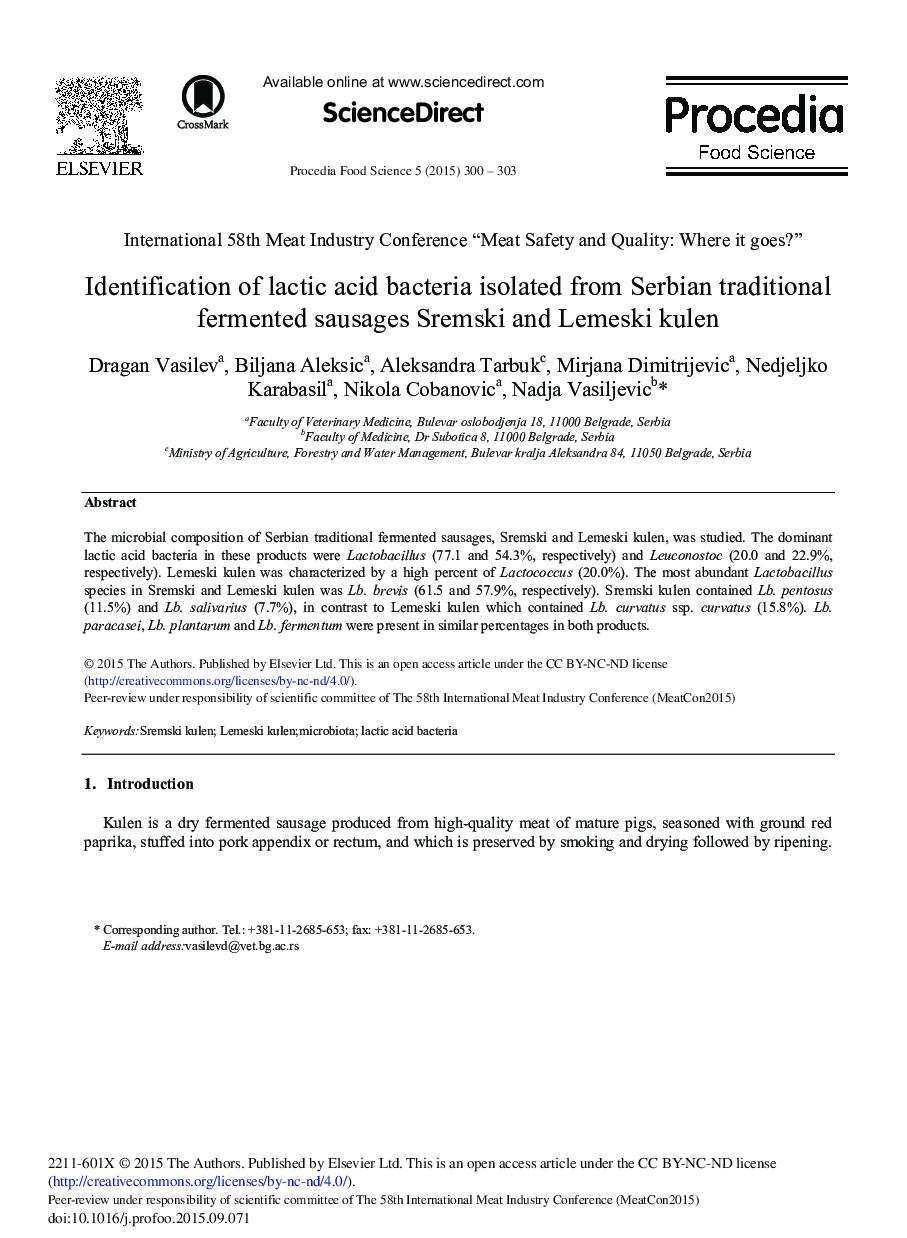 Identification of Lactic Acid Bacteria Isolated from Serbian Traditional Fermented Sausages Sremski and Lemeski Kulen 