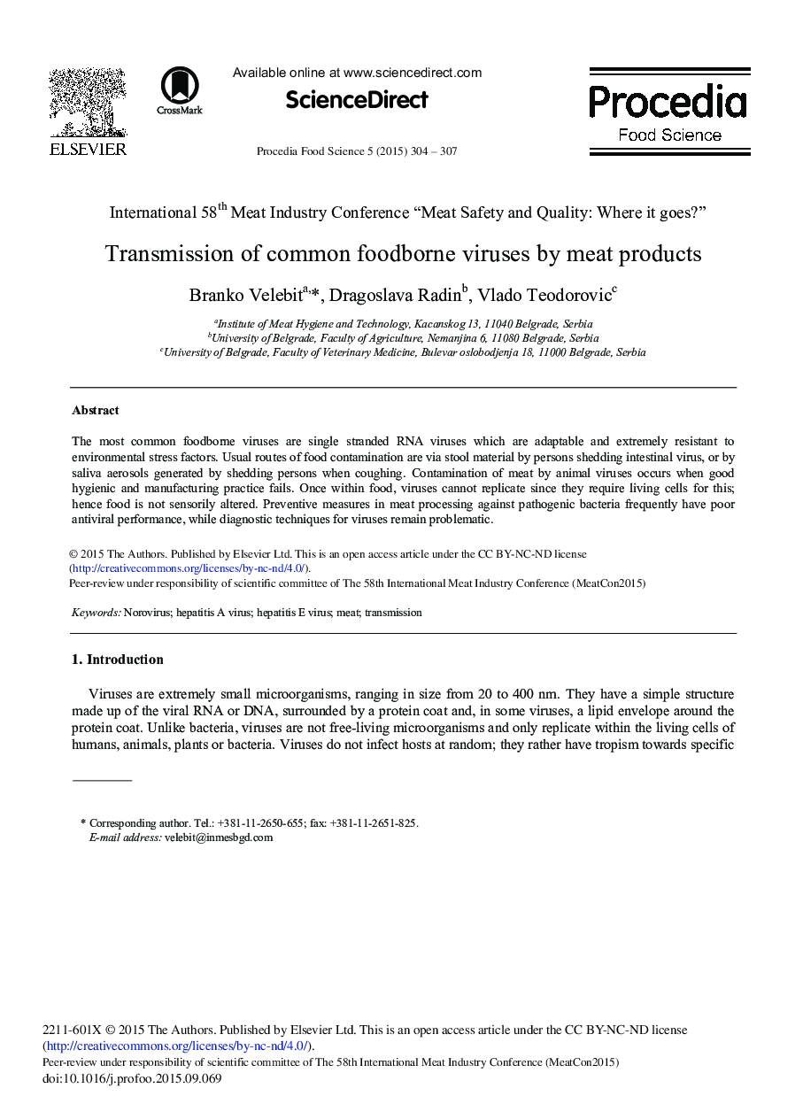 Transmission of Common Foodborne Viruses by Meat Products 