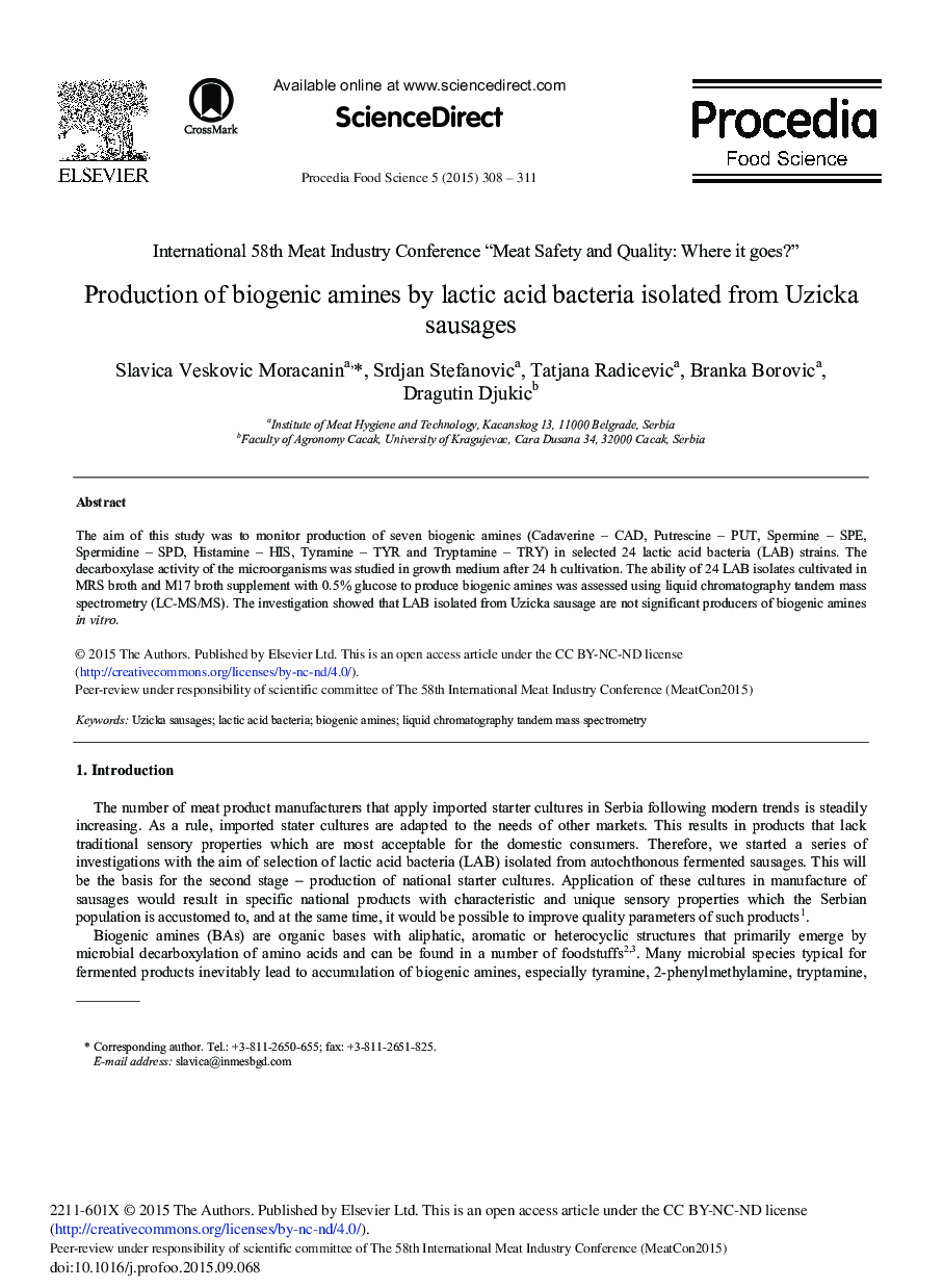 Production of Biogenic Amines by Lactic Acid Bacteria Isolated from Uzicka Sausages 