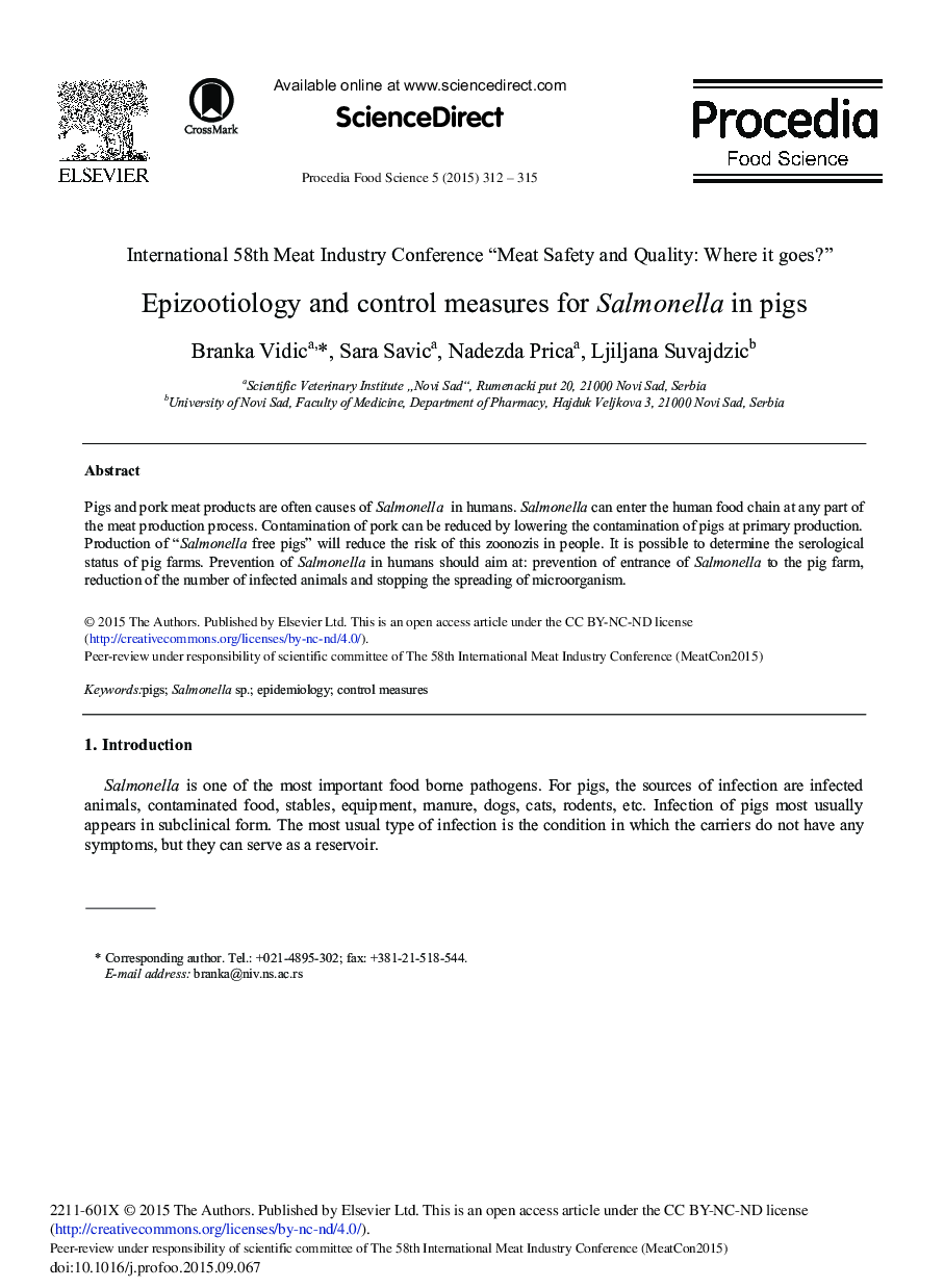 Epizootiology and Control Measures for Salmonella in Pigs 