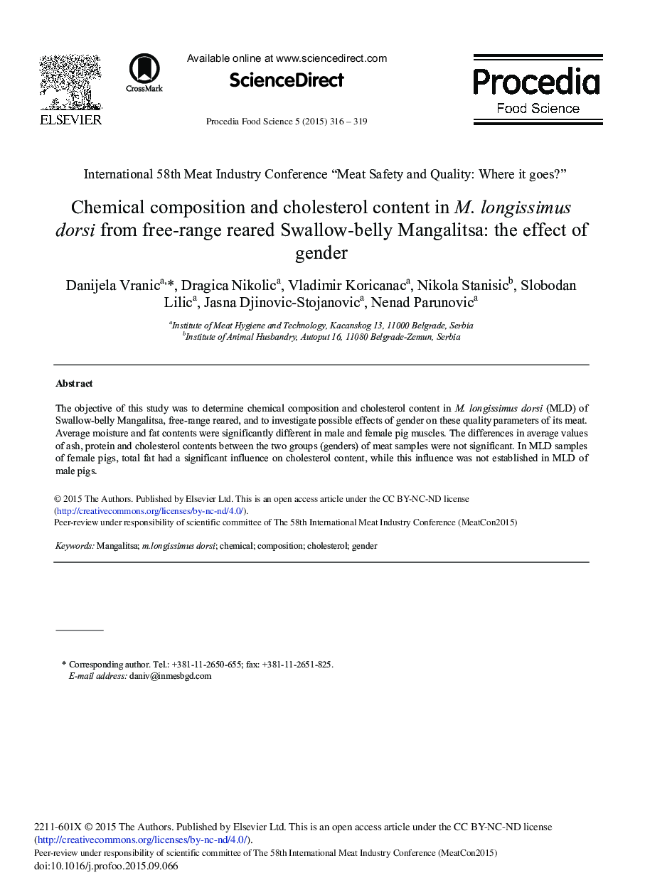 Chemical Composition and Cholesterol Content in M. Longissimus Dorsi from Free-range Reared Swallow-belly Mangalitsa: The Effect of Gender 