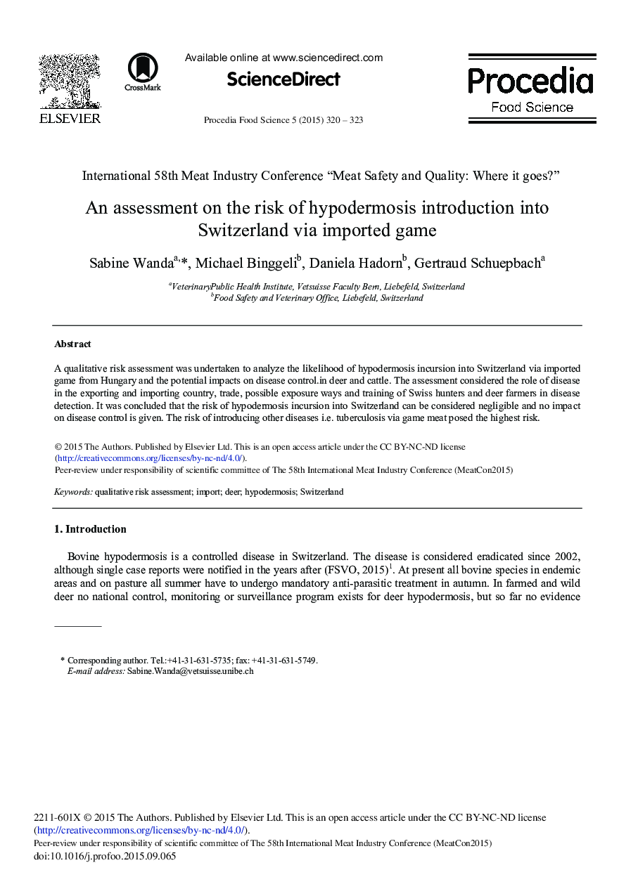 An Assessment on the Risk of Hypodermosis Introduction into Switzerland Via Imported Game 