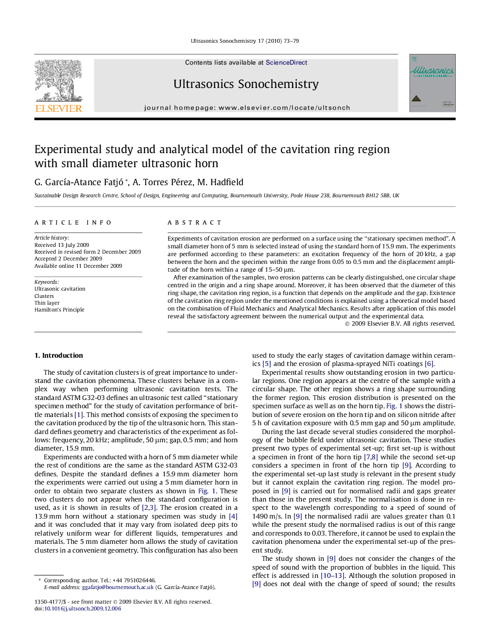 Experimental study and analytical model of the cavitation ring region with small diameter ultrasonic horn