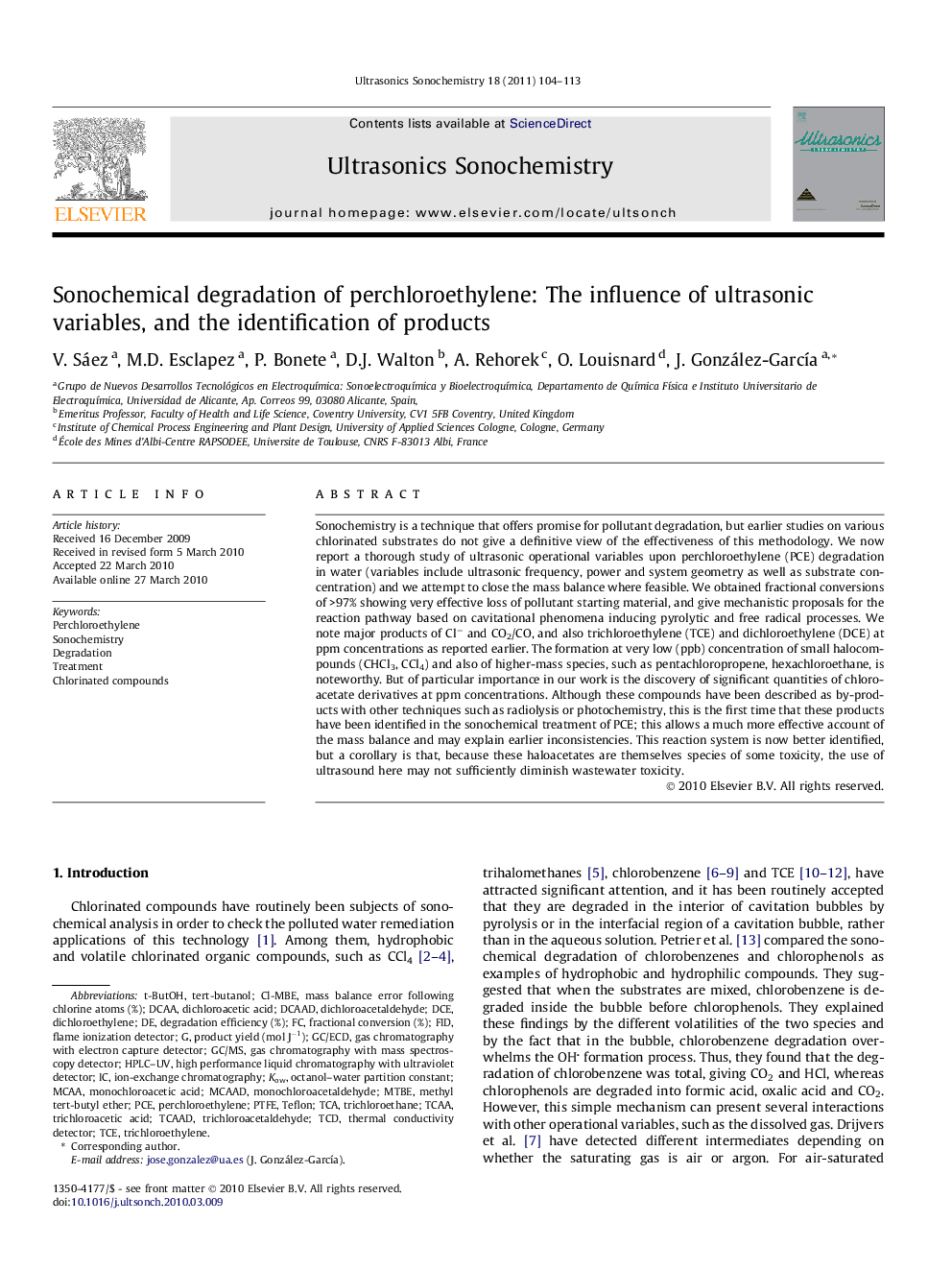 Sonochemical degradation of perchloroethylene: The influence of ultrasonic variables, and the identification of products