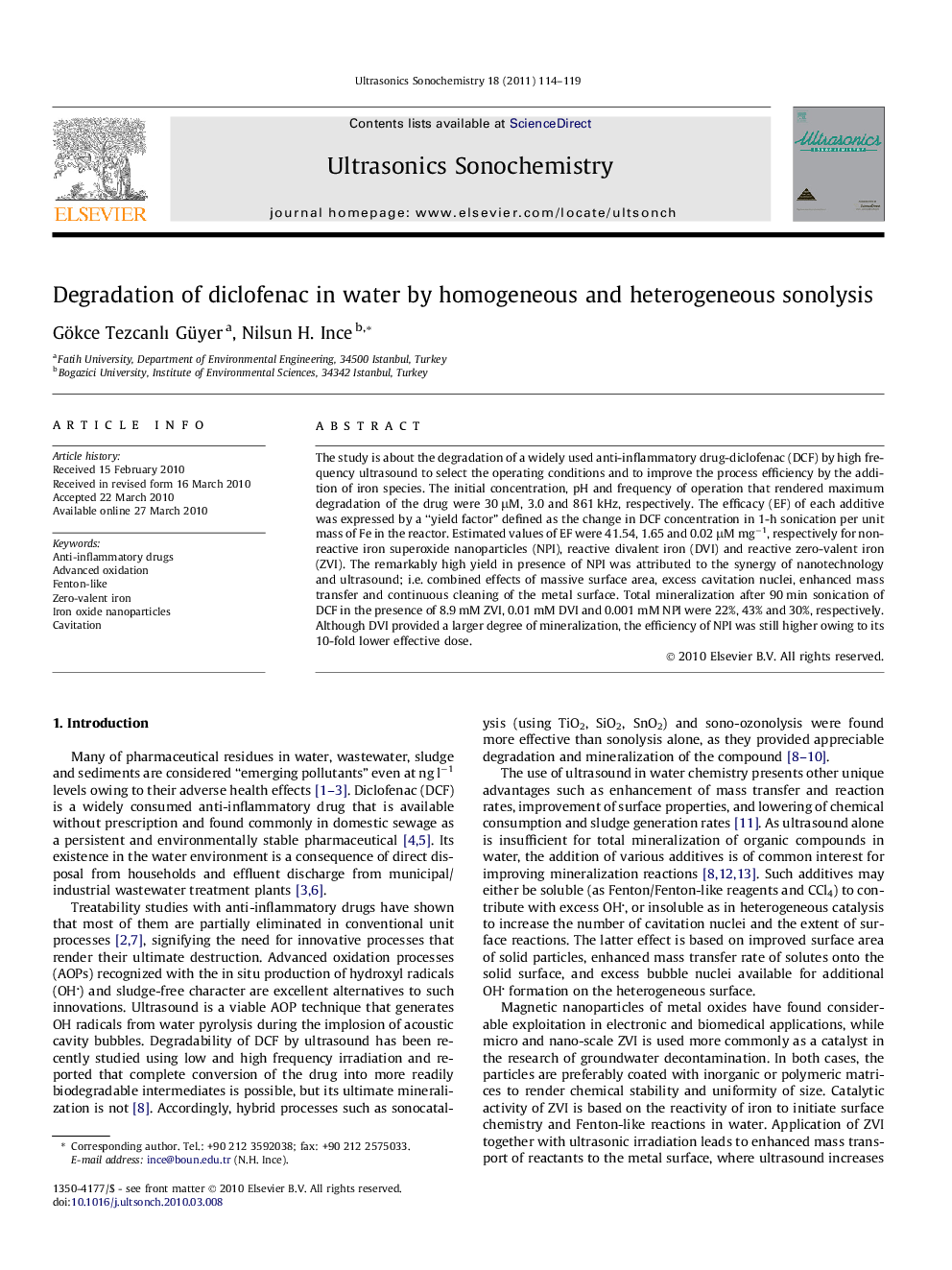 Degradation of diclofenac in water by homogeneous and heterogeneous sonolysis