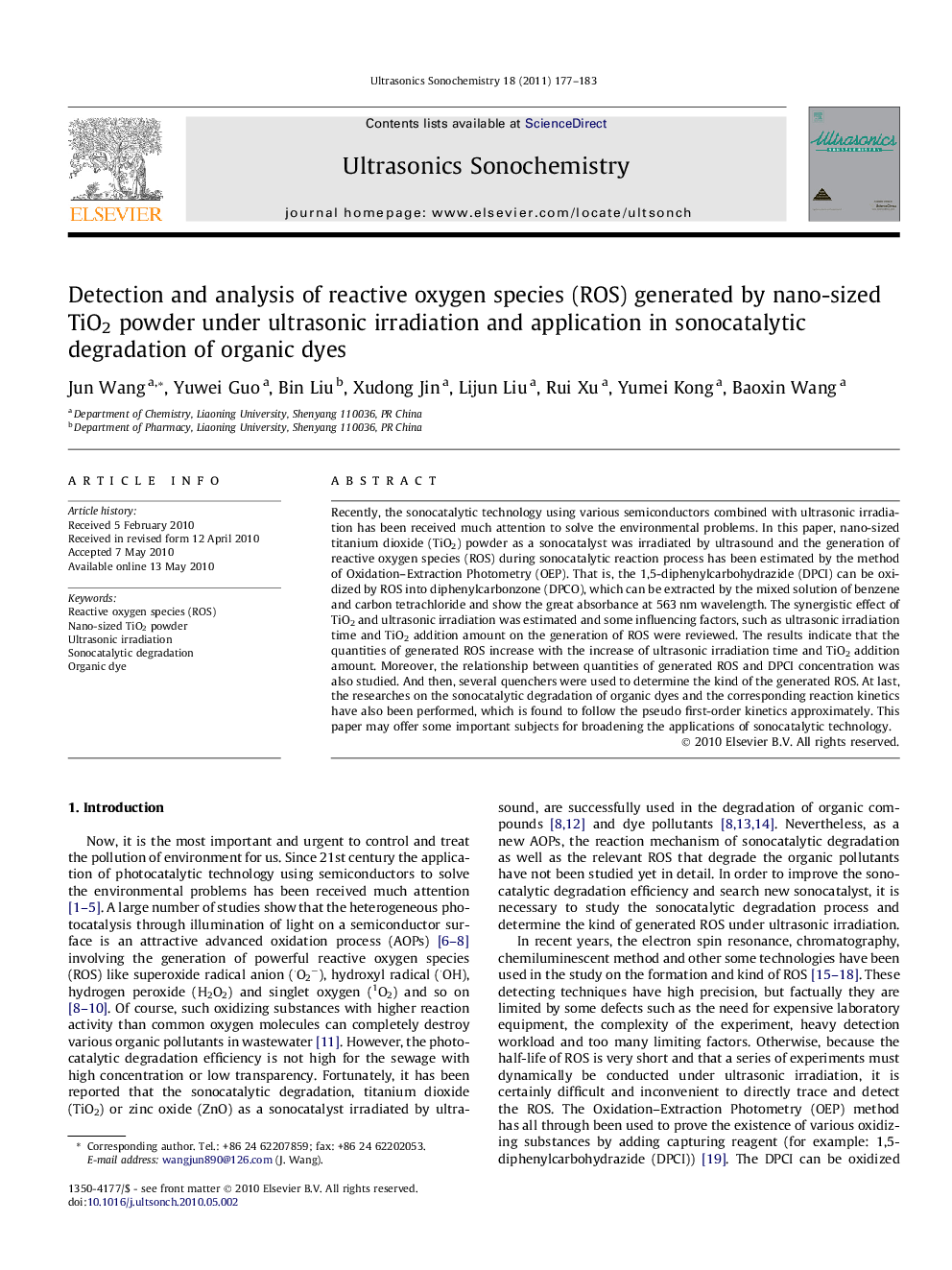 Detection and analysis of reactive oxygen species (ROS) generated by nano-sized TiO2 powder under ultrasonic irradiation and application in sonocatalytic degradation of organic dyes