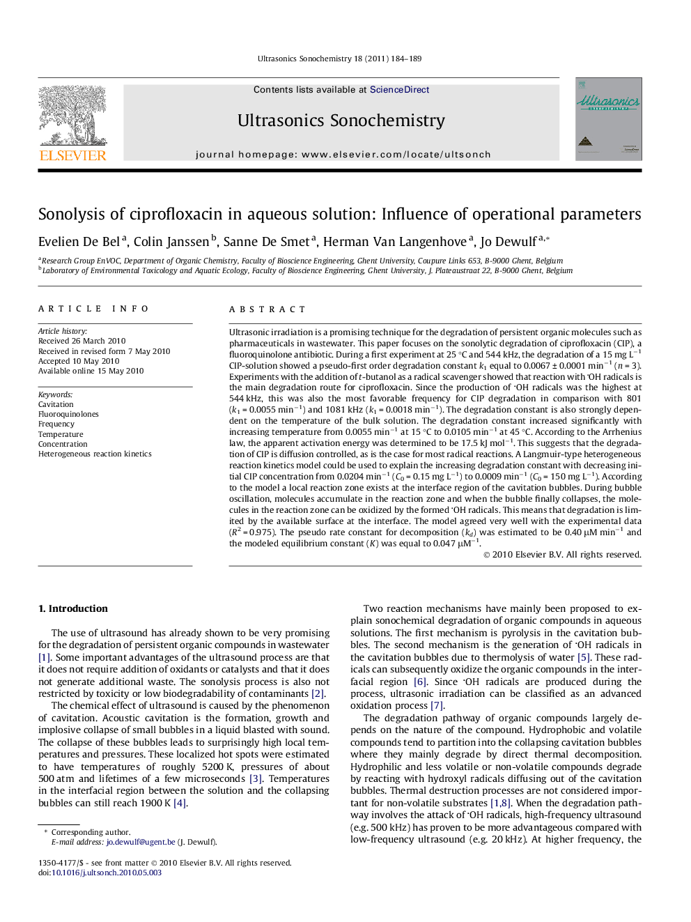 Sonolysis of ciprofloxacin in aqueous solution: Influence of operational parameters