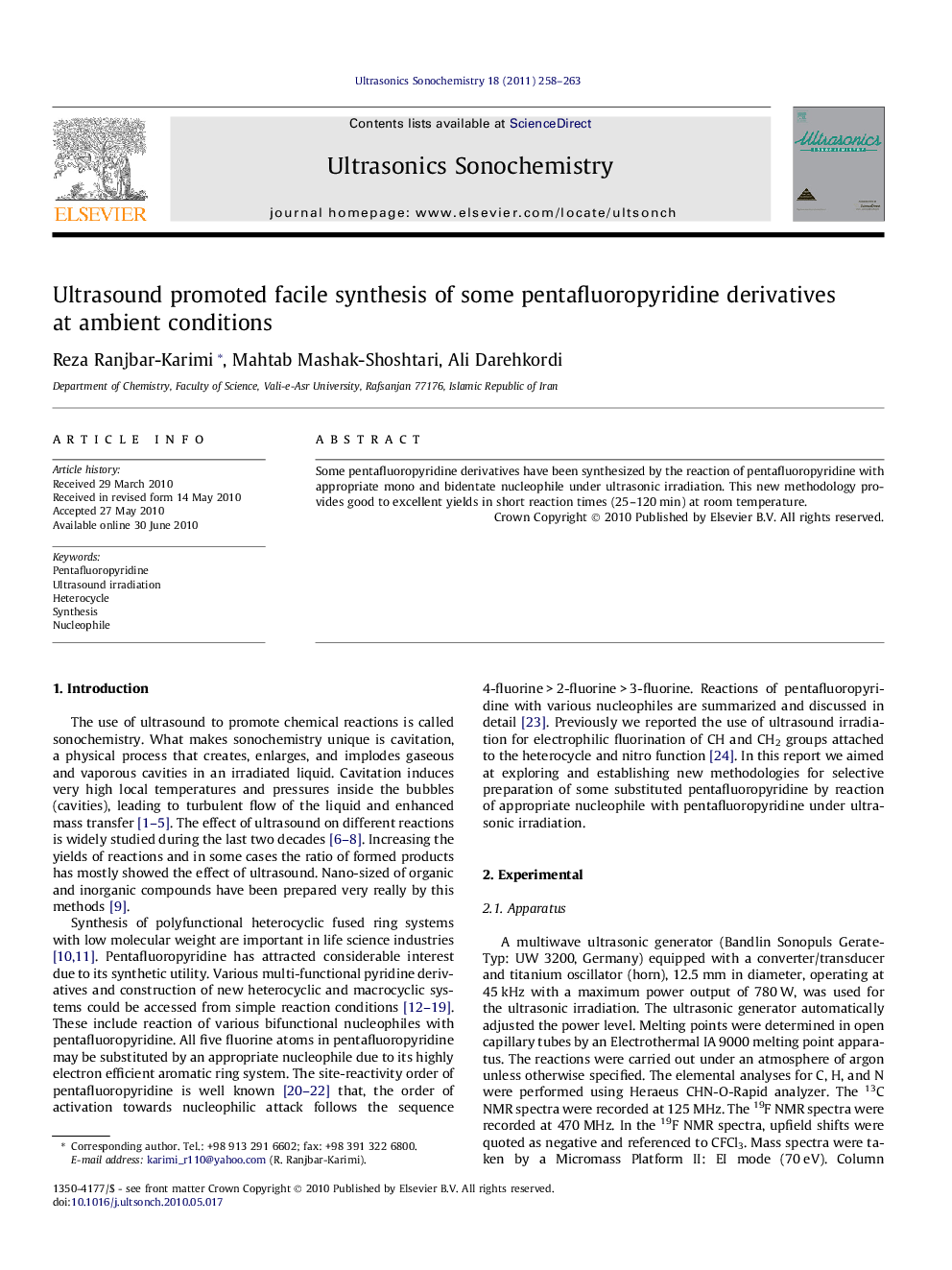 Ultrasound promoted facile synthesis of some pentafluoropyridine derivatives at ambient conditions