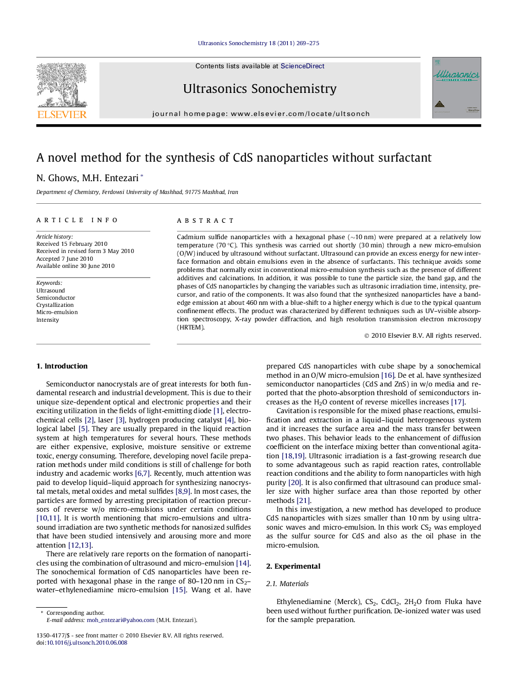 A novel method for the synthesis of CdS nanoparticles without surfactant