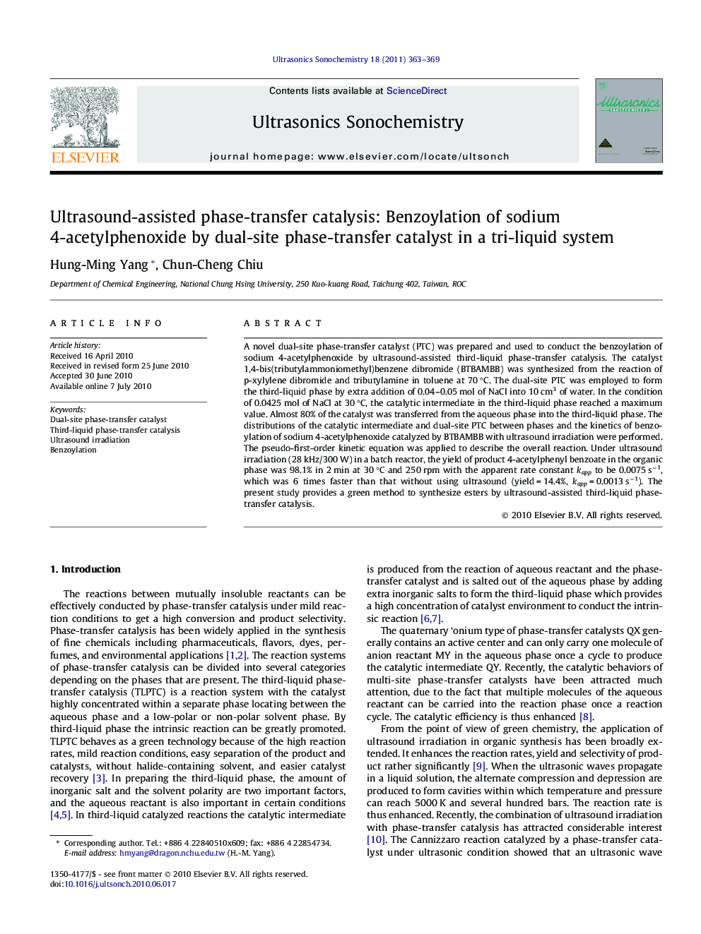 Ultrasound-assisted phase-transfer catalysis: Benzoylation of sodium 4-acetylphenoxide by dual-site phase-transfer catalyst in a tri-liquid system