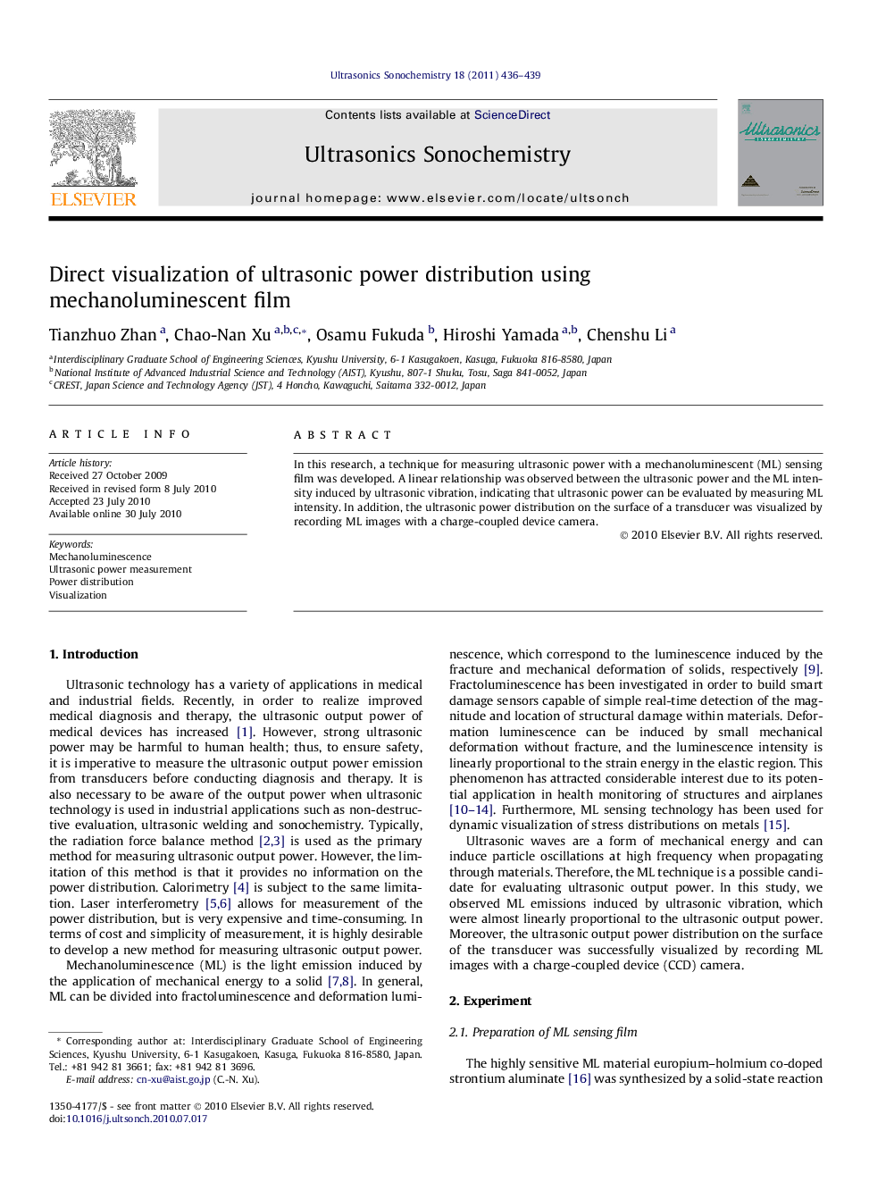 Direct visualization of ultrasonic power distribution using mechanoluminescent film