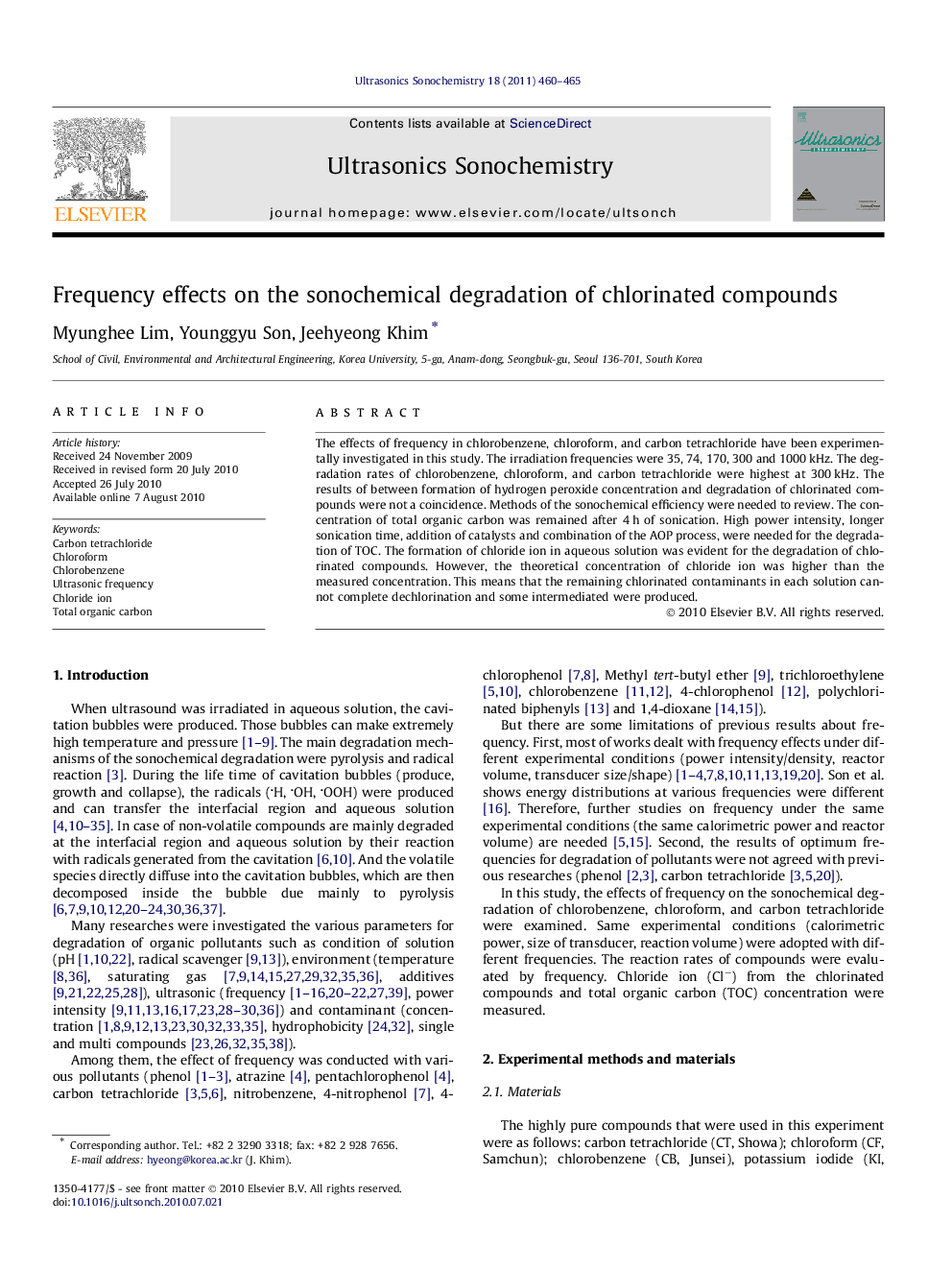 Frequency effects on the sonochemical degradation of chlorinated compounds