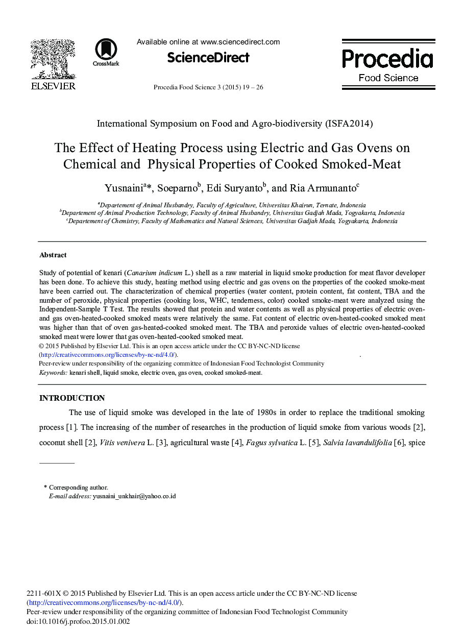 The Effect of Heating Process Using Electric and Gas Ovens on Chemical and Physical Properties of Cooked Smoked-Meat 