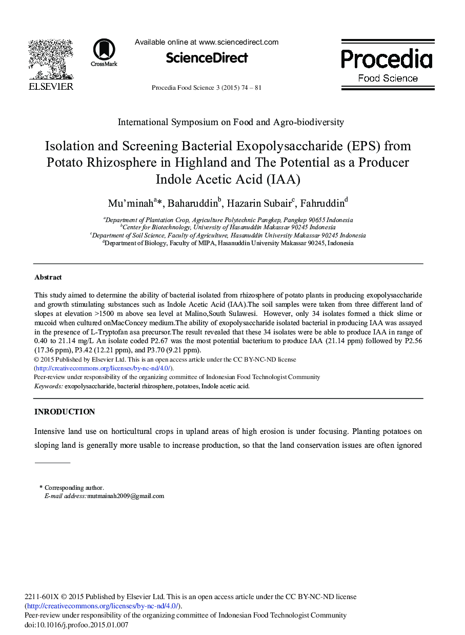 Isolation and Screening Bacterial Exopolysaccharide (EPS) from Potato Rhizosphere in Highland and the Potential as a Producer Indole Acetic Acid (IAA) 