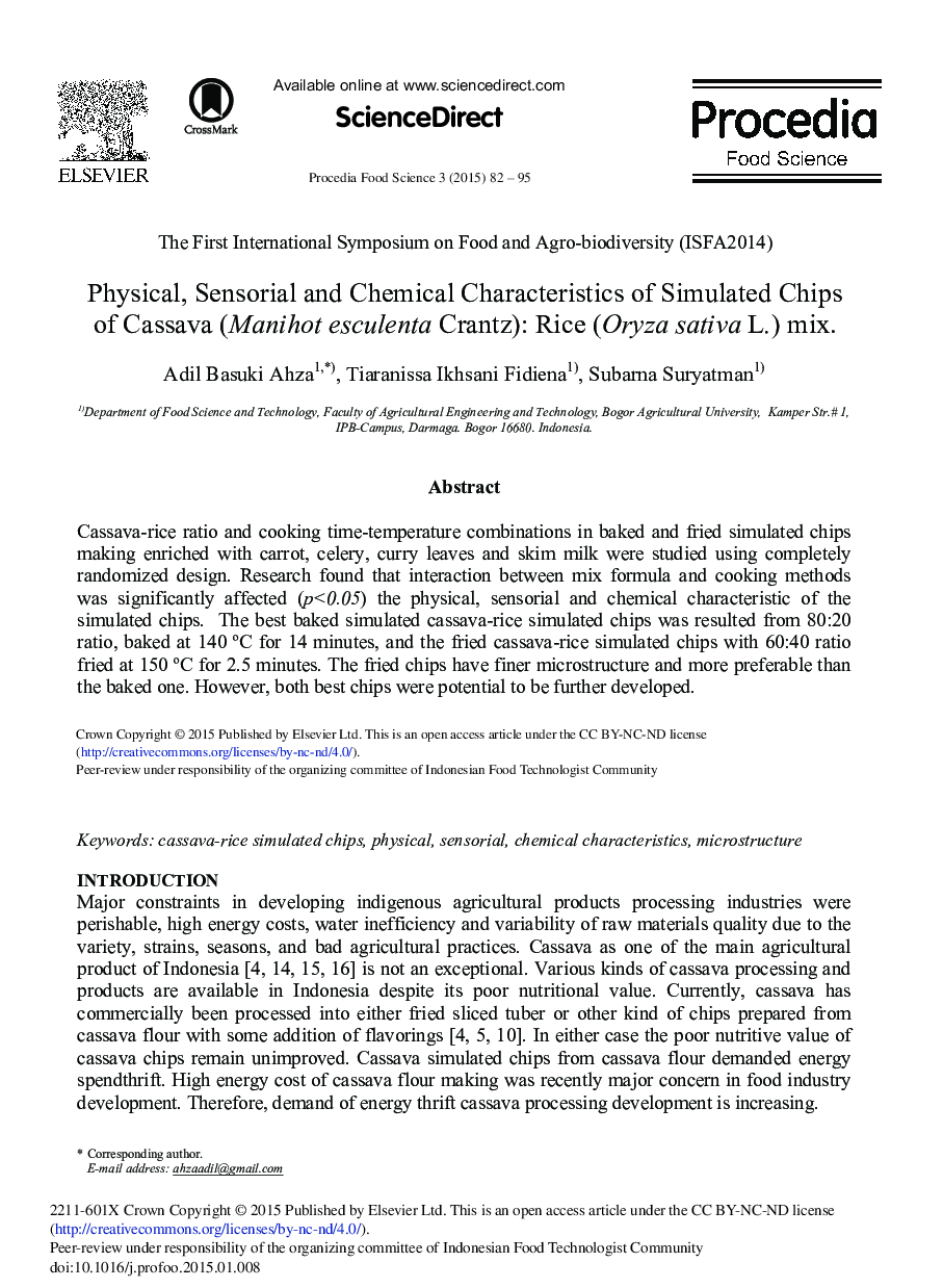 Physical, Sensorial and Chemical Characteristics of Simulated Chips of Cassava (Manihot Esculenta Crantz): Rice (Oryza Sativa L.) Mix 