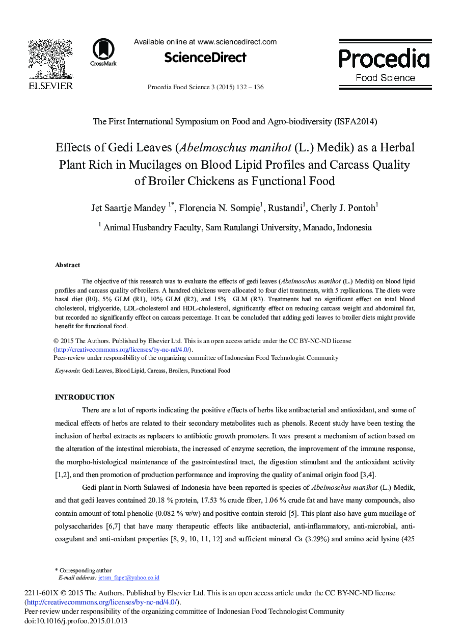 Effects of Gedi Leaves (Abelmoschus manihot (L.) Medik) as a Herbal Plant Rich in Mucilages on Blood Lipid Profiles and Carcass Quality of Broiler Chickens as Functional Food 