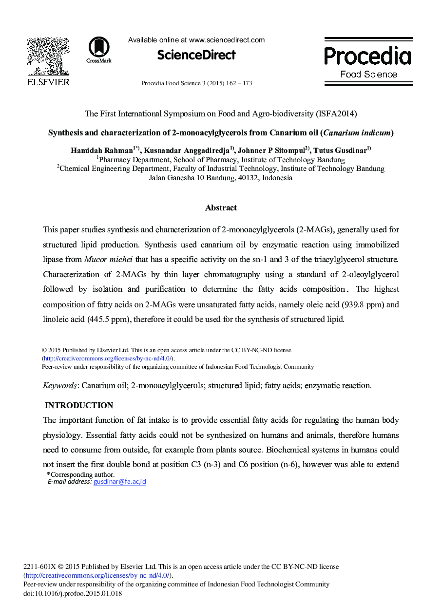 سنتز و شناسایی 2-monoacylglycerols از روغن Canarium (Canarium Indicum)  