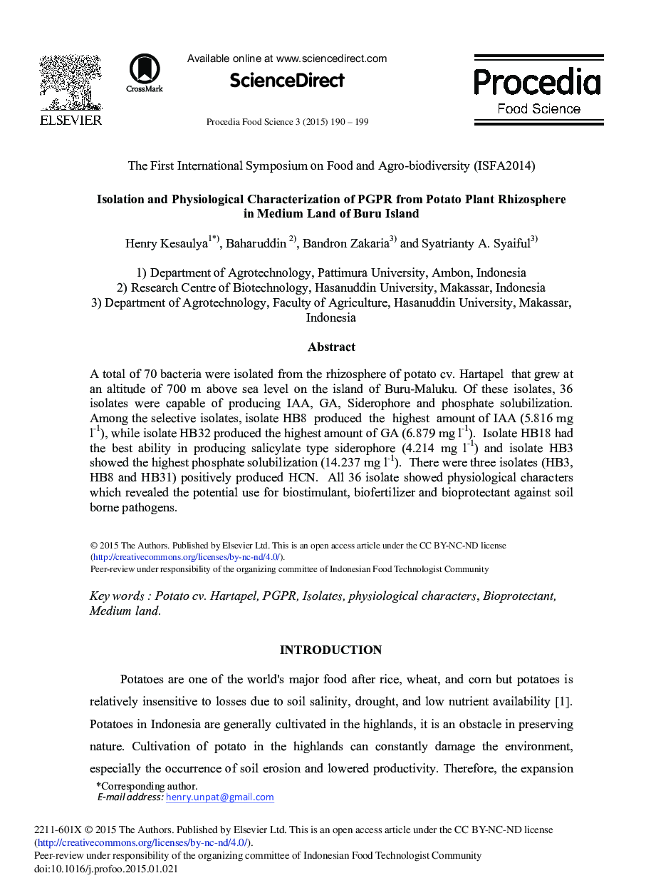 Isolation and Physiological Characterization of PGPR from Potato Plant Rhizosphere in Medium Land of Buru Island 