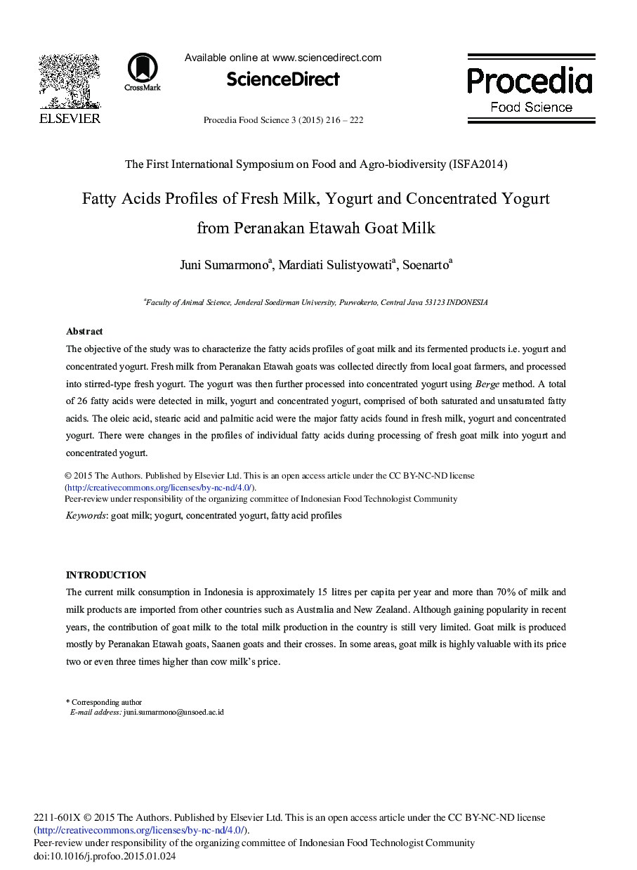 Fatty Acids Profiles of Fresh Milk, Yogurt and Concentrated Yogurt from Peranakan Etawah Goat Milk 