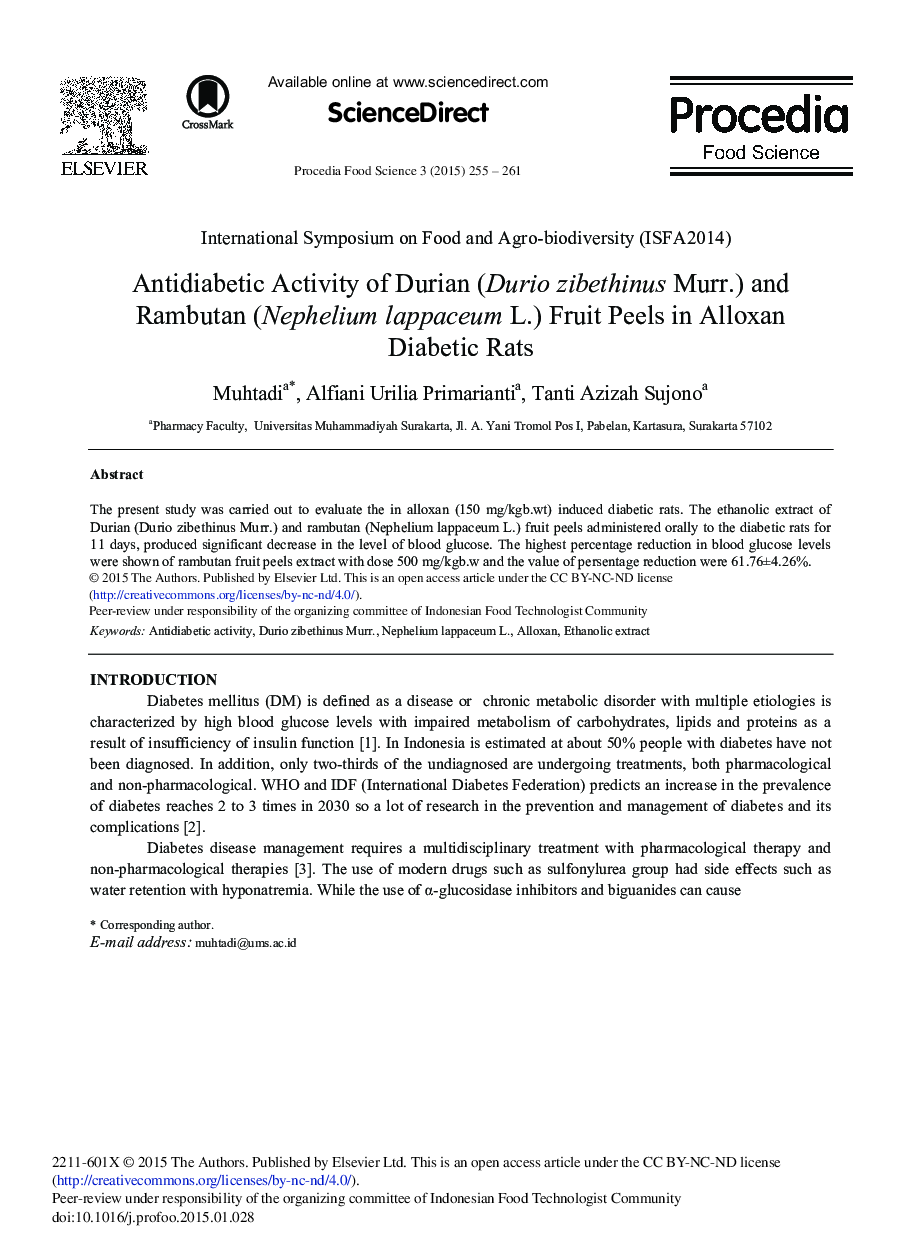 Antidiabetic Activity of Durian (Durio Zibethinus Murr.) and Rambutan (Nephelium Lappaceum L.) Fruit Peels in Alloxan Diabetic Rats 