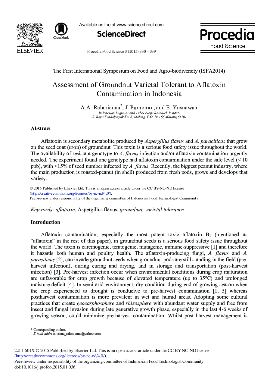 Assessment of Groundnut Varietal Tolerant to Aflatoxin Contamination in Indonesia 