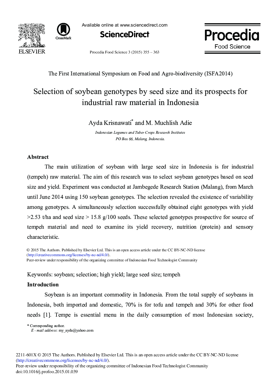 Selection of Soybean Genotypes by Seed Size and its Prospects for Industrial Raw Material in Indonesia 
