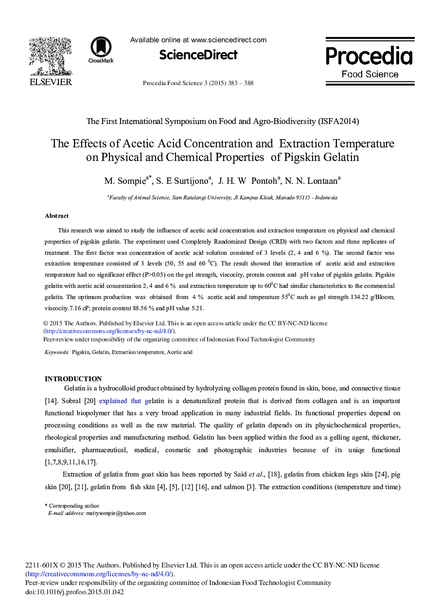 The Effects of Acetic Acid Concentration and Extraction Temperature on Physical and Chemical Properties of Pigskin Gelatin 