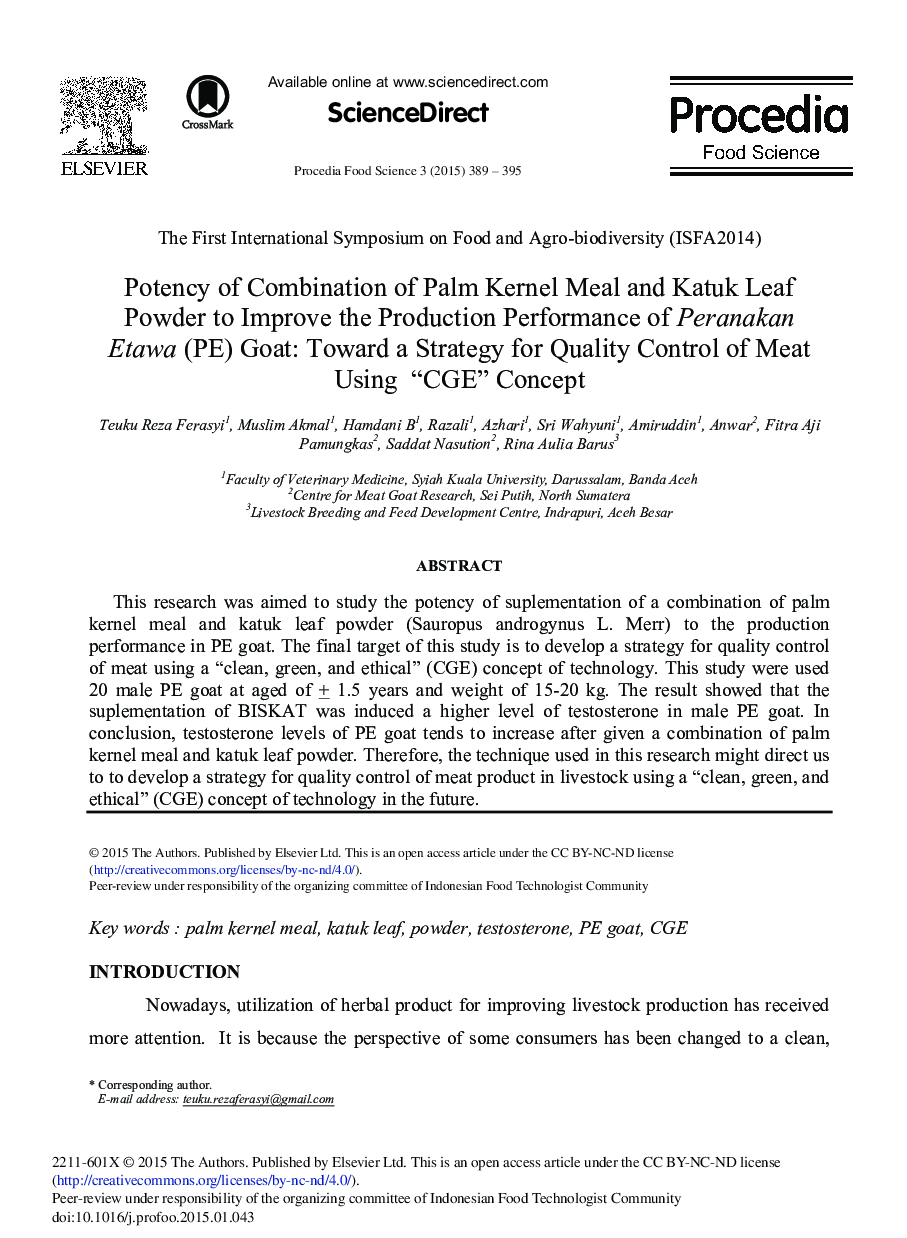Potency of Combination of Palm Kernel Meal and Katuk Leaf Powder to Improve the Production Performance of Peranakan Etawa (PE) Goat: Toward a Strategy for Quality Control of Meat Using “CGE” Concept 