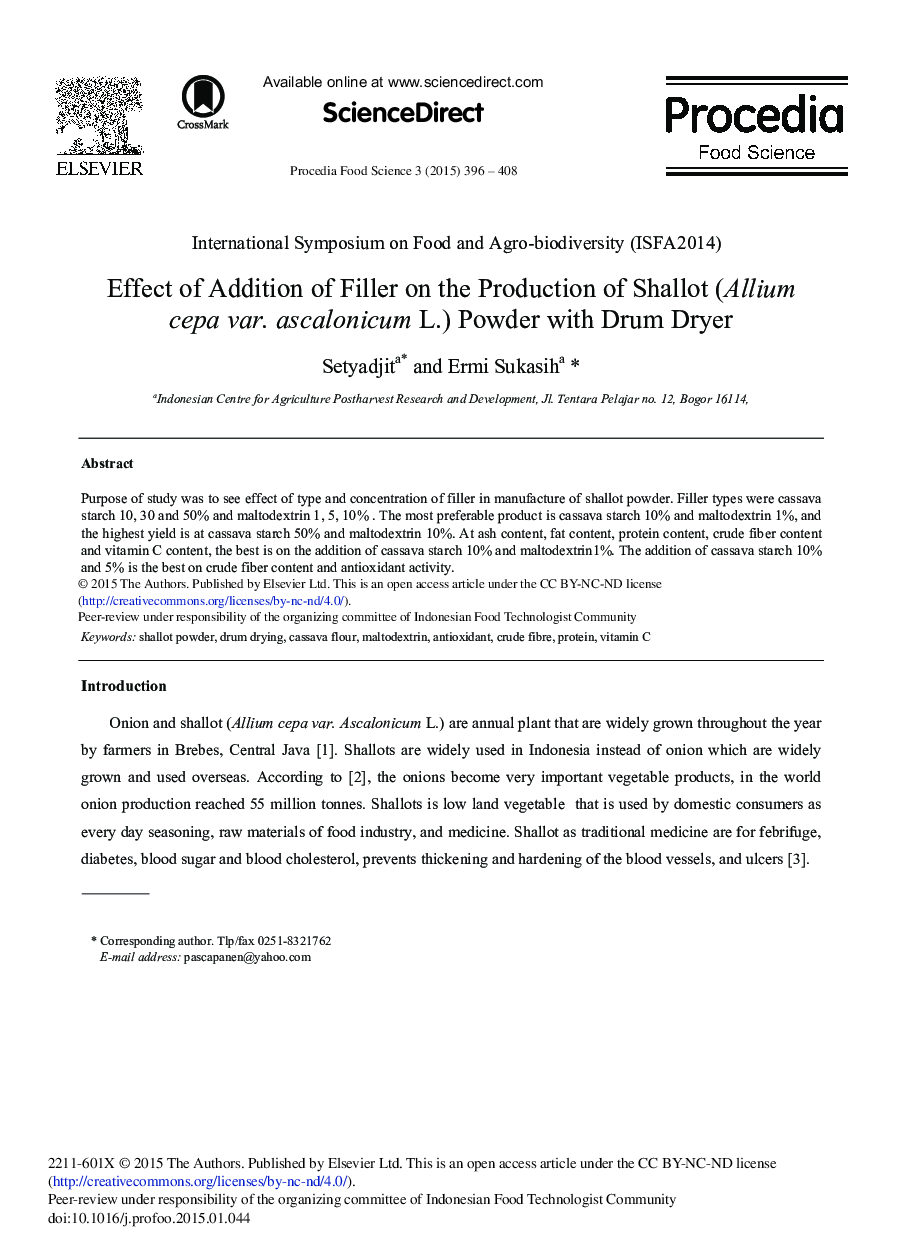 Effect of Addition of Filler on the Production of Shallot (Allium Cepa Var. Ascalonicum L.) Powder with Drum Dryer 