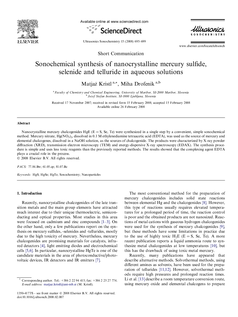 Sonochemical synthesis of nanocrystalline mercury sulfide, selenide and telluride in aqueous solutions