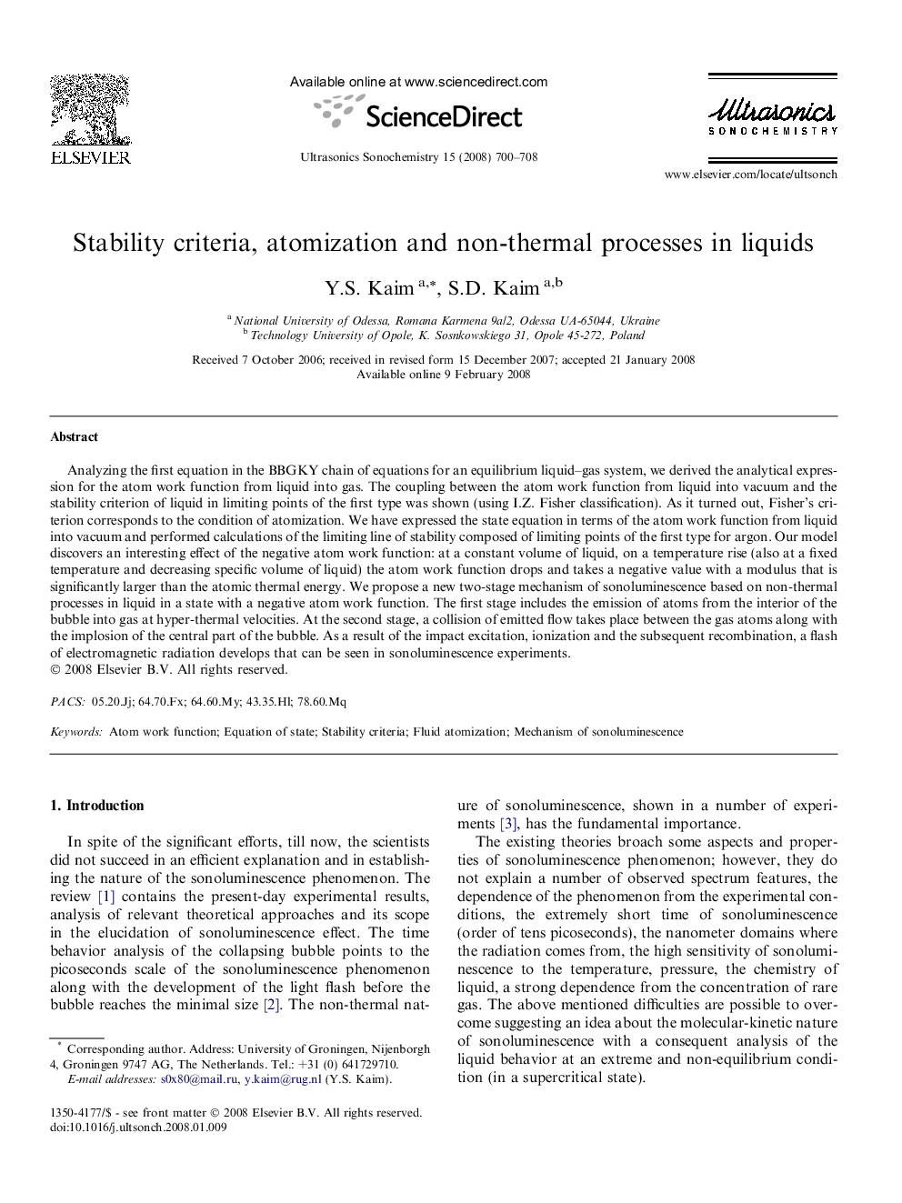 عکس صفحه اول مقاله: Stability criteria, atomization and non-thermal processes in liquids Stability criteria, atomization and non-thermal processes in liquids