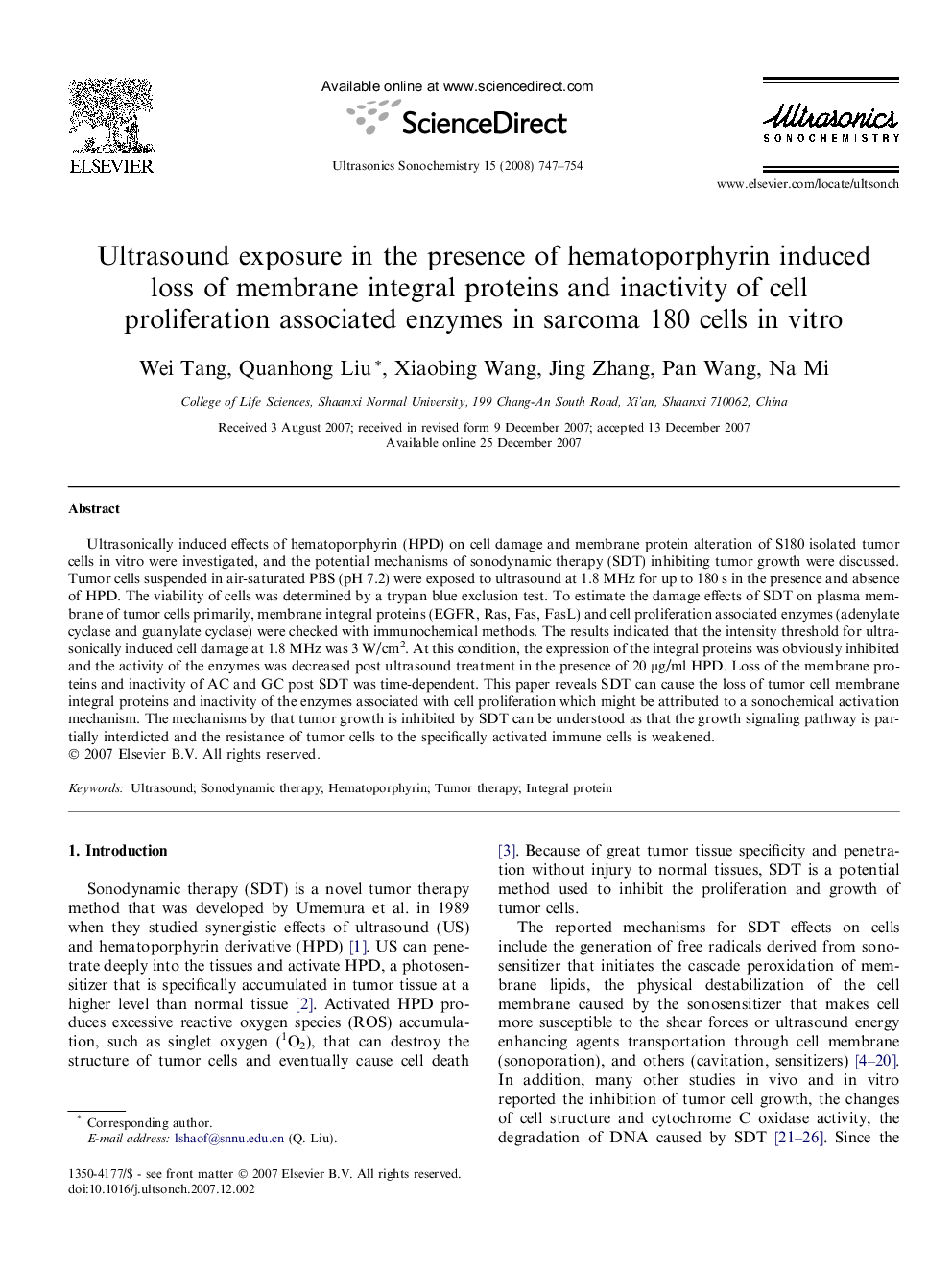 Ultrasound exposure in the presence of hematoporphyrin induced loss of membrane integral proteins and inactivity of cell proliferation associated enzymes in sarcoma 180 cells in vitro