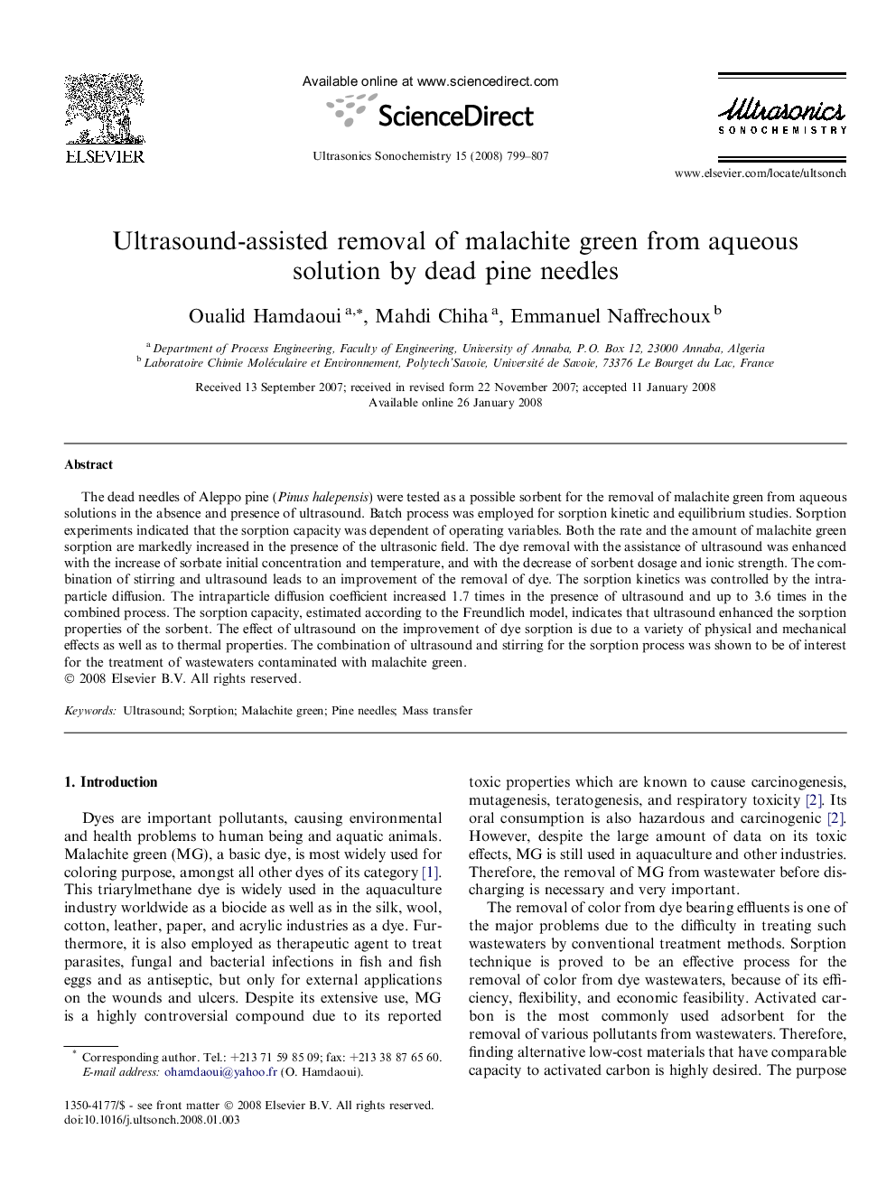 Ultrasound-assisted removal of malachite green from aqueous solution by dead pine needles