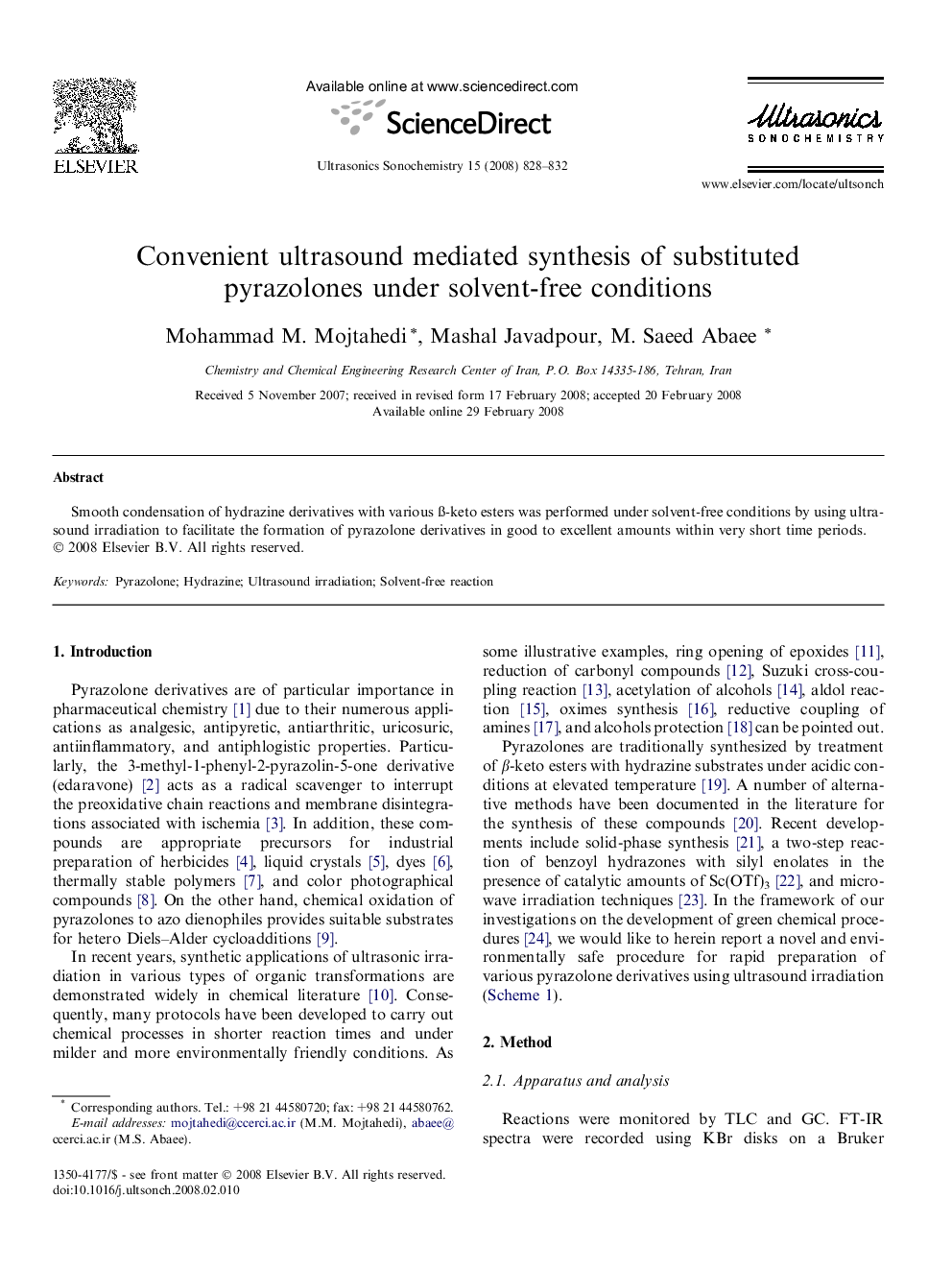 Convenient ultrasound mediated synthesis of substituted pyrazolones under solvent-free conditions