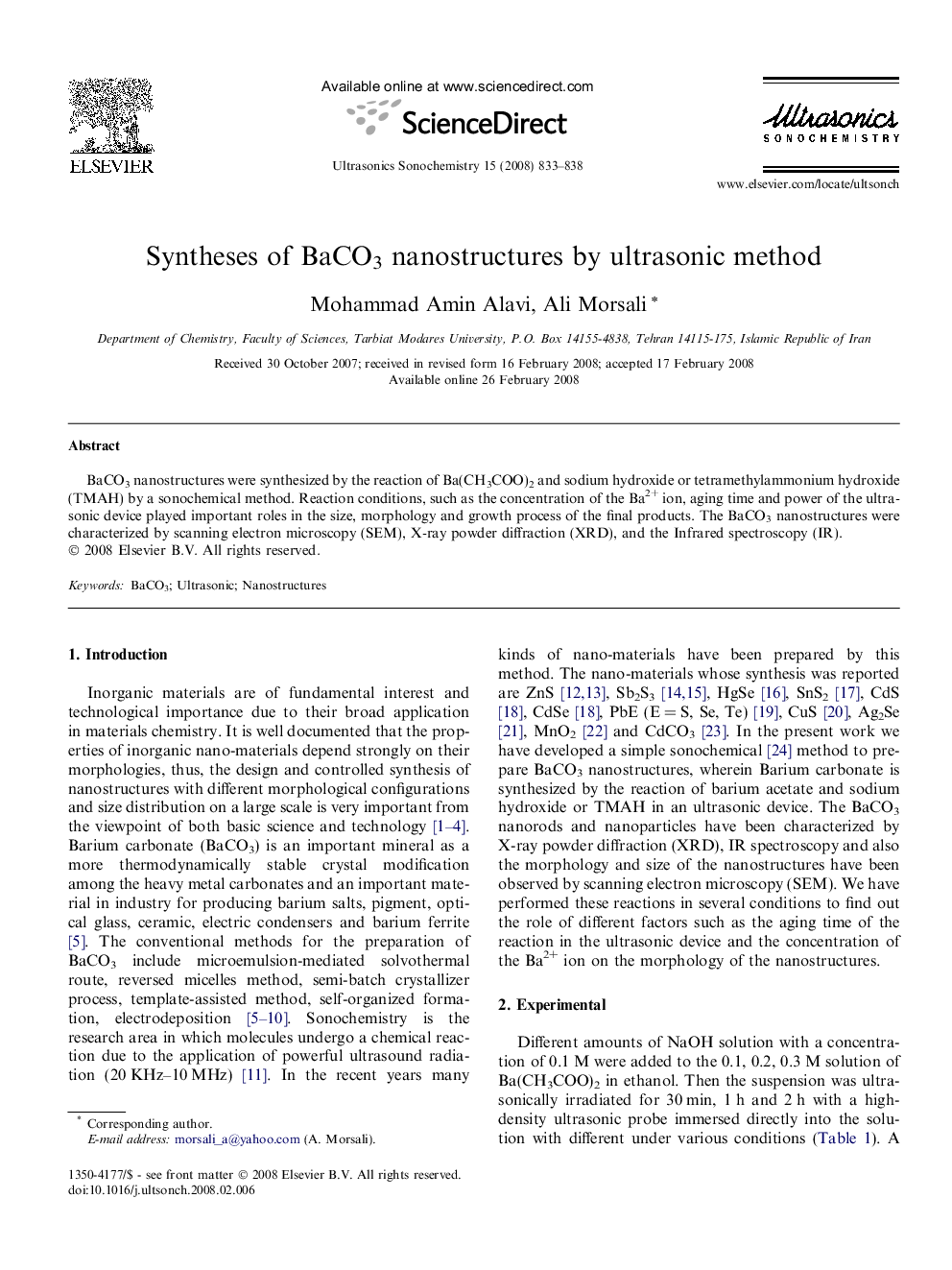 Syntheses of BaCO3 nanostructures by ultrasonic method