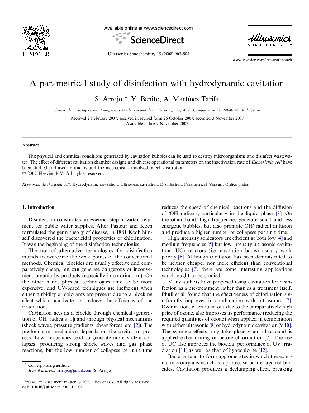 A parametrical study of disinfection with hydrodynamic cavitation